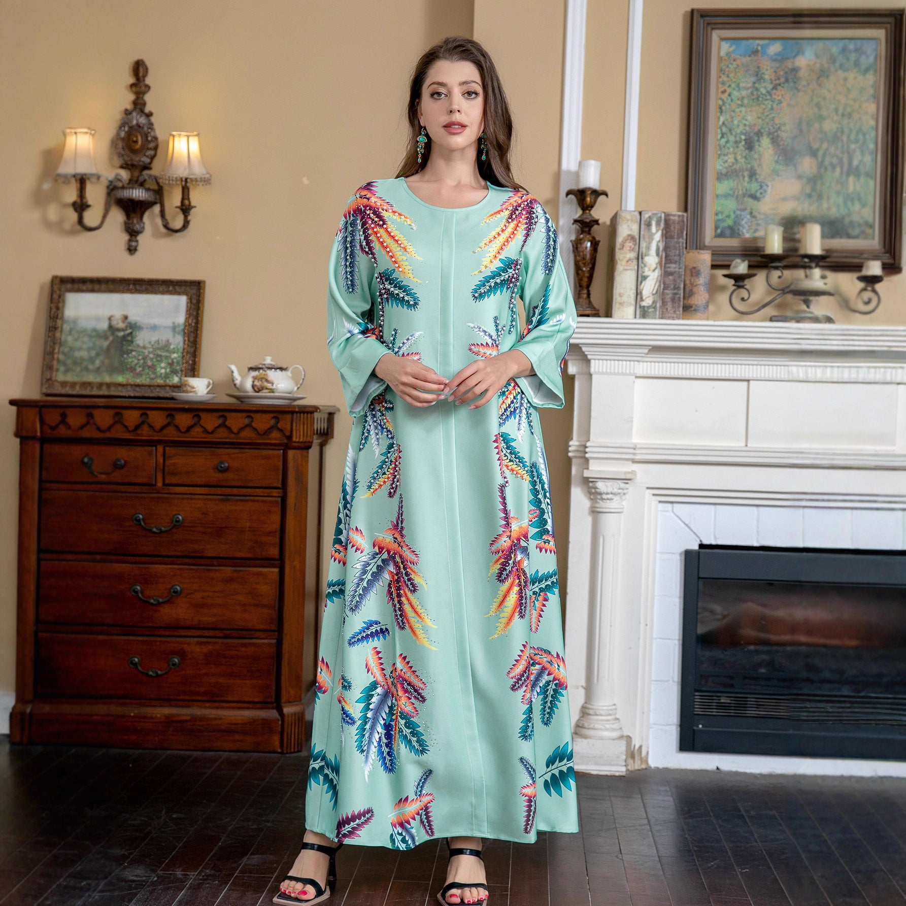 Light Green Ethnic Print Beaded Abaya Gown - Modest Dress