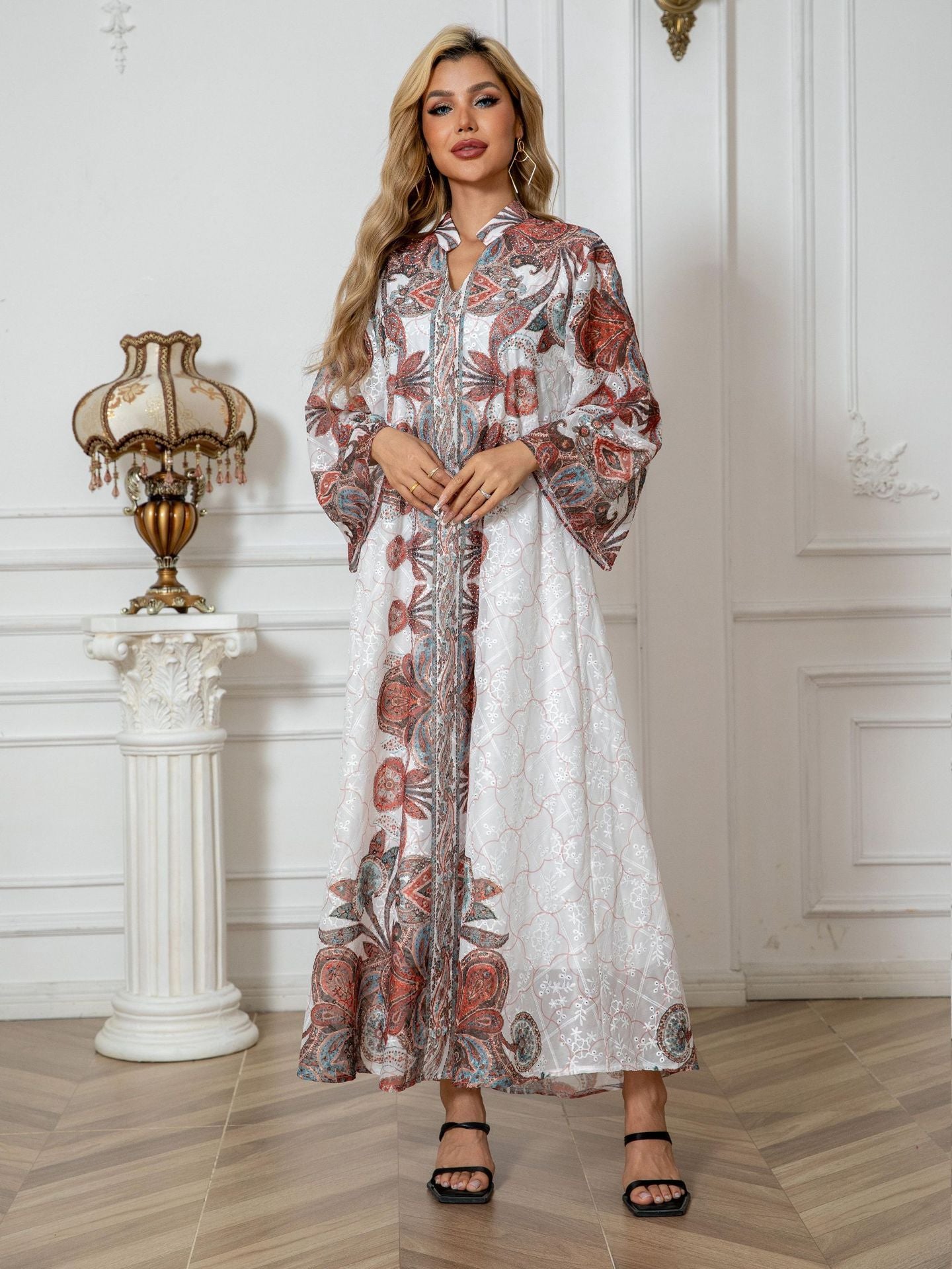 White Floral Print Rhinestone Embroidered Maxi Abaya Dress