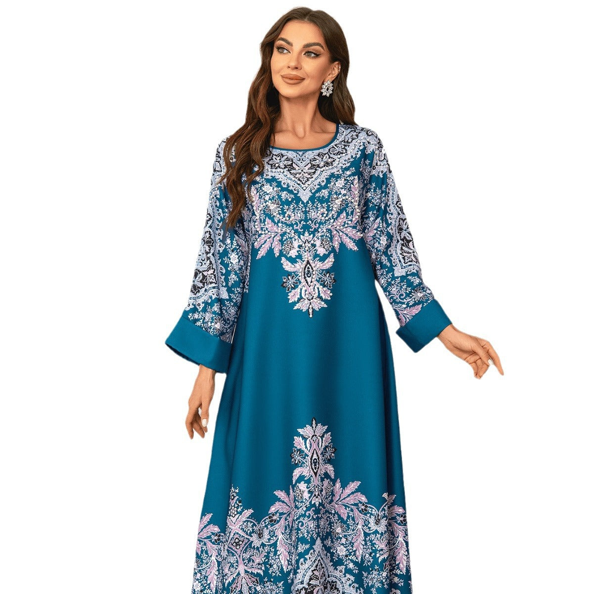 Peacock Blue Rhinestone Pleated Abaya - Elegant Modest Muslim Dress