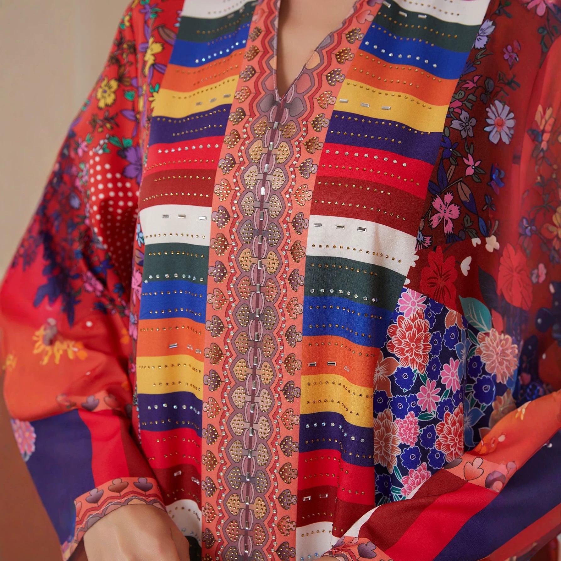 Red Printed Rhinestone Jalabiya - Ethnic Pullover Modest Dress