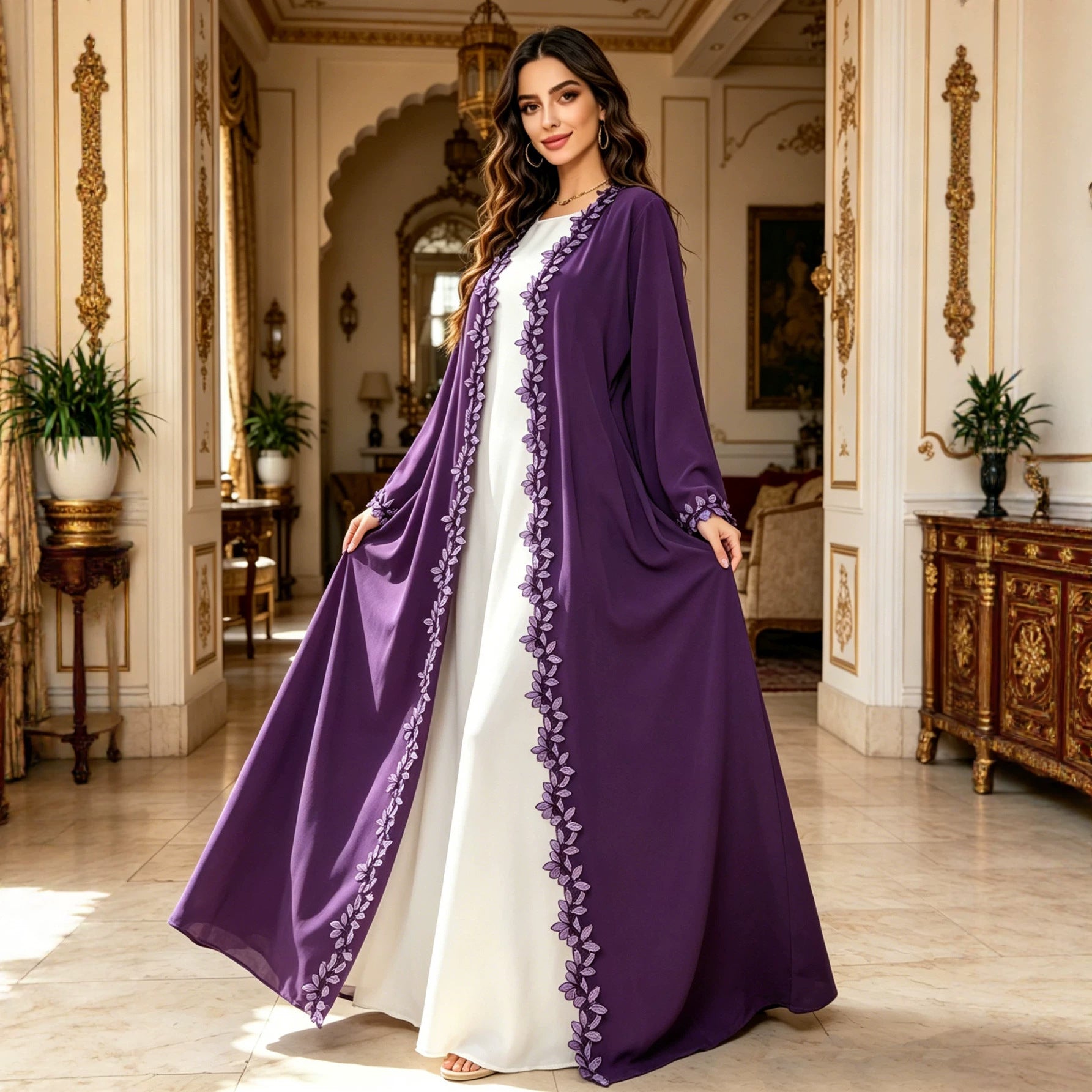 Ribbon Lace Trim Open Front Abaya Cardigan Modest Long Maxi Dress Jalabiya for Muslim Women Eid Ramadan Festive Wear S-XL