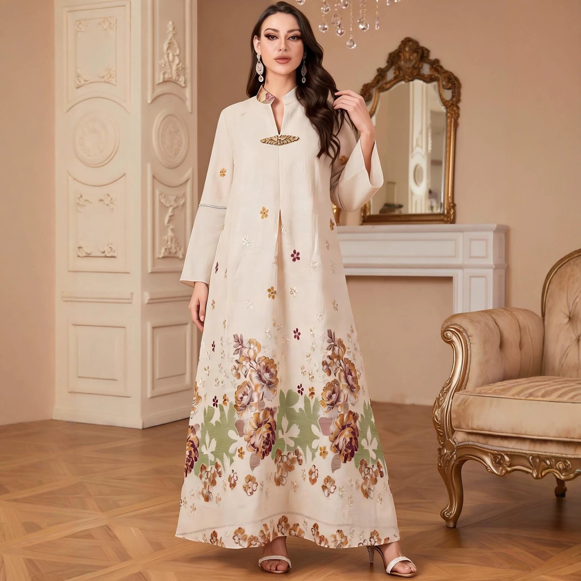 Camel Blue Light Blue V-Neck Rhinestone Embroidered Evening Abaya Dress