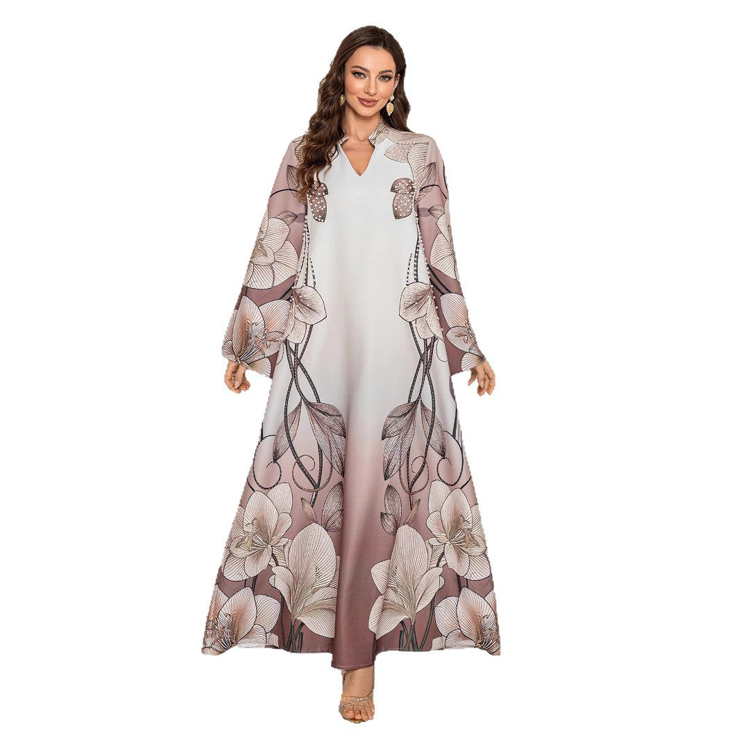 Coffee Printed Rhinestone V-Neck Abaya - Modest Muslim Ramadan Eid