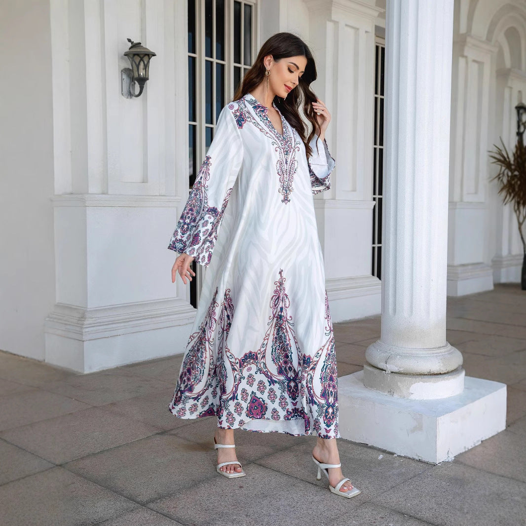 White Floral Print Mandarin Collar Rhinestone Plus Size Maxi Abaya