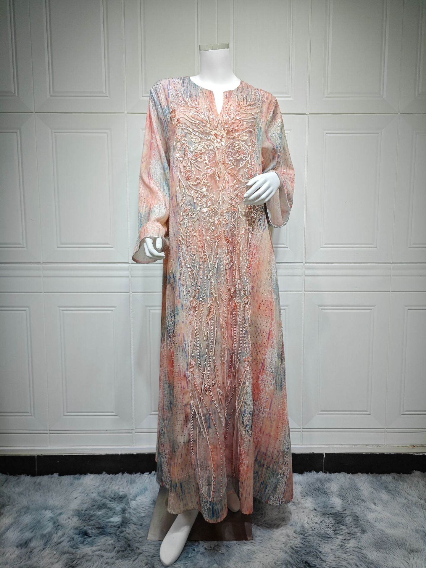 Soft Glossy Modest Long Robe For Ladies Vertical Sequined Craft Oversized Flare Sleeve Muslim Gown Pink Blue Green Tie Dye Pattern Formal Occasion Outfit