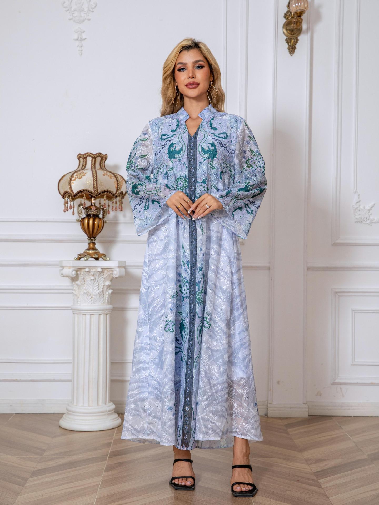 Light Blue Floral Print Rhinestone Embroidered Maxi Abaya Dress