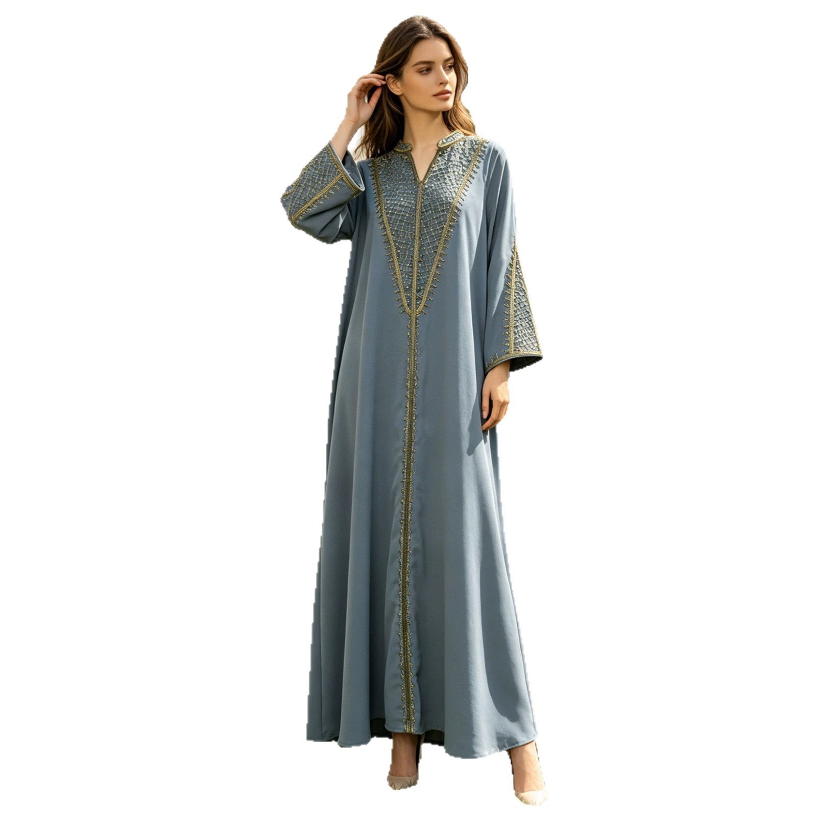 Sea Blue and Navy Heavy Gold Thread Embroidered Maxi Dress