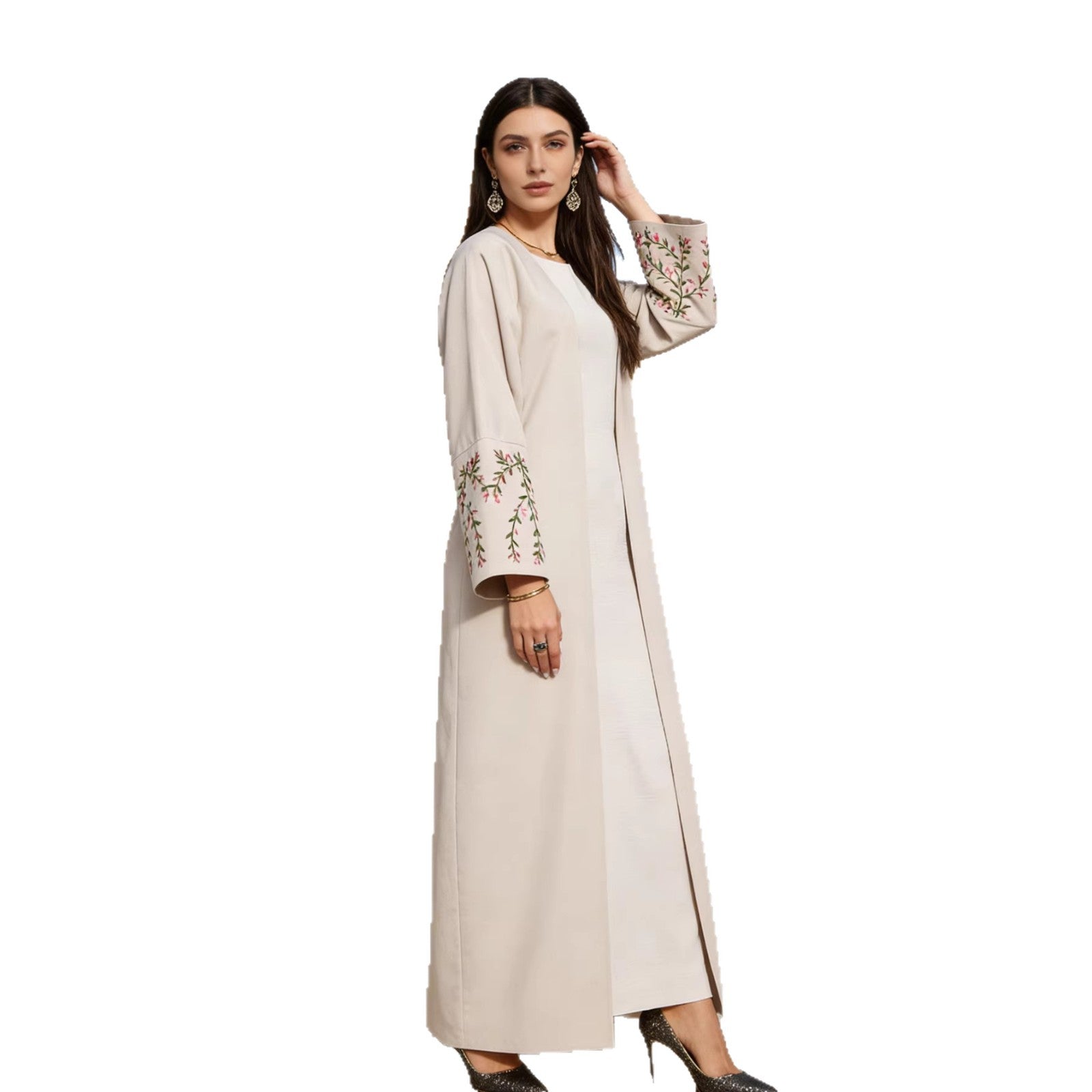 Light Blue and Beige Embroidered Open Cardigan Maxi Abaya Dress Jalabiya Modest Long Dress for Muslim Women Eid Ramadan Daily Wear S-XXL