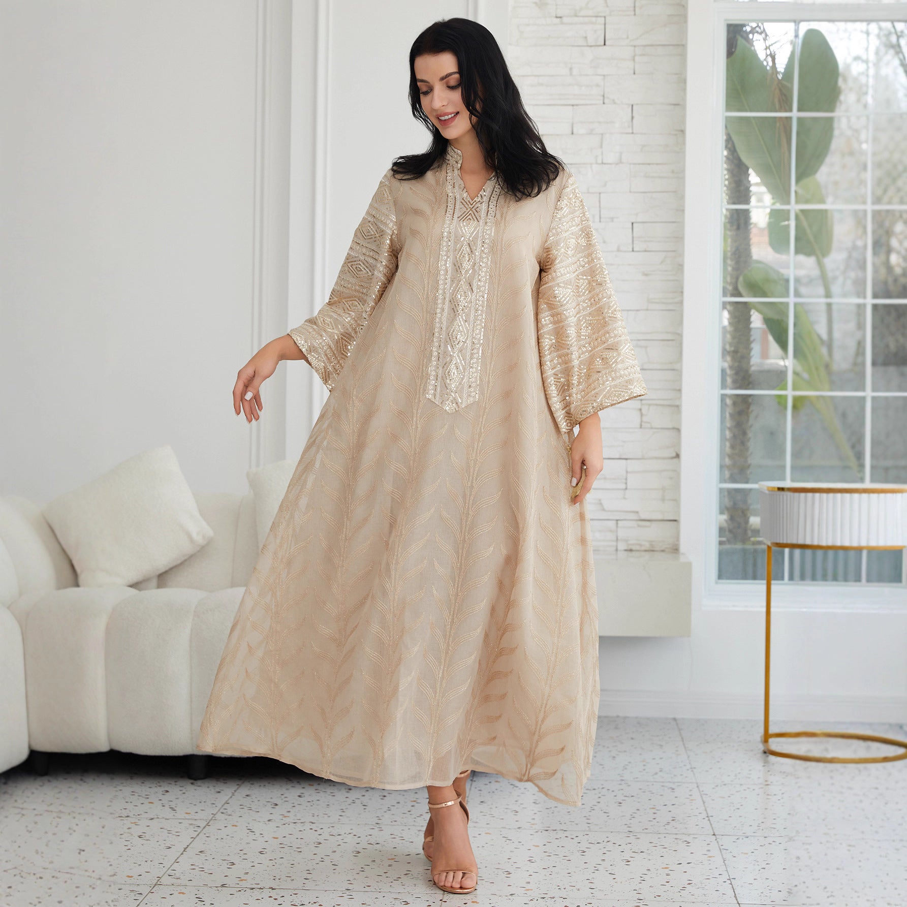 Stunning Apricot Beaded Sequin Evening Abaya Maxi Robe Eid Ramadan