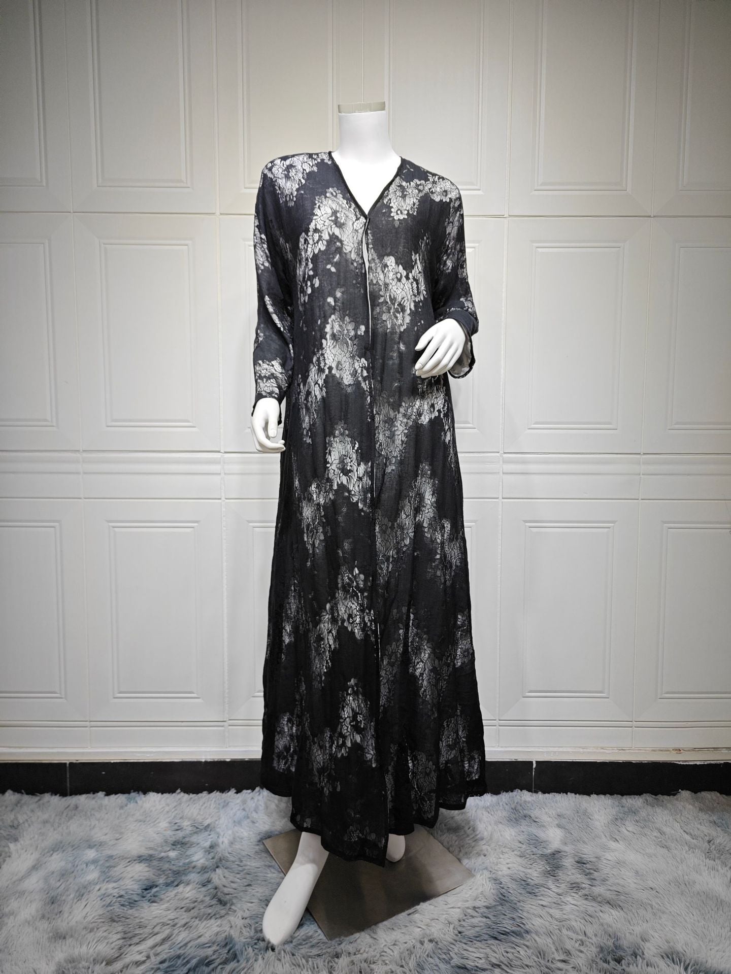 Black Lace Patchwork Lined Long Maxi Abaya - Modest Open Outerwear