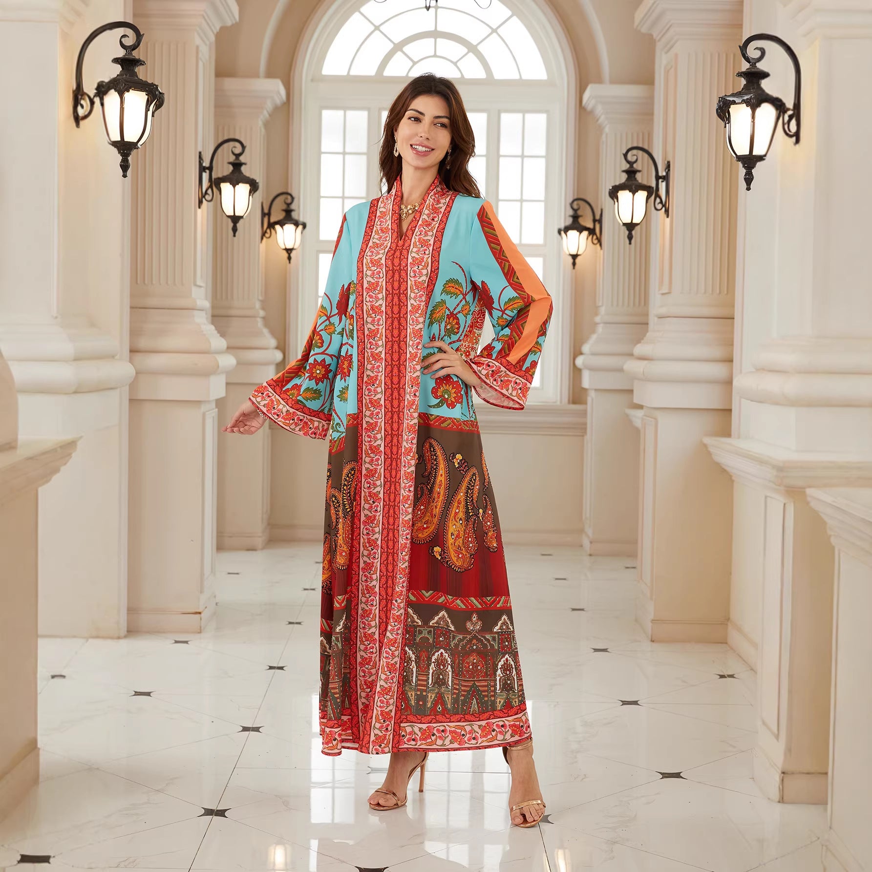 Radiant Floral V-Neck Kaftan – Elegant Modest Maxi Dress