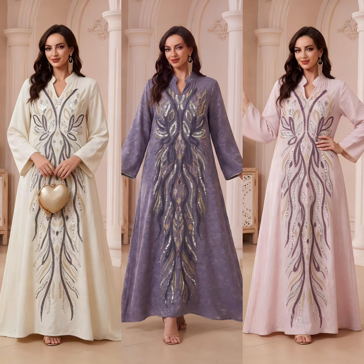 Multi-Color V-Neck Beaded Embroidered Jacquard Maxi Abaya Dress