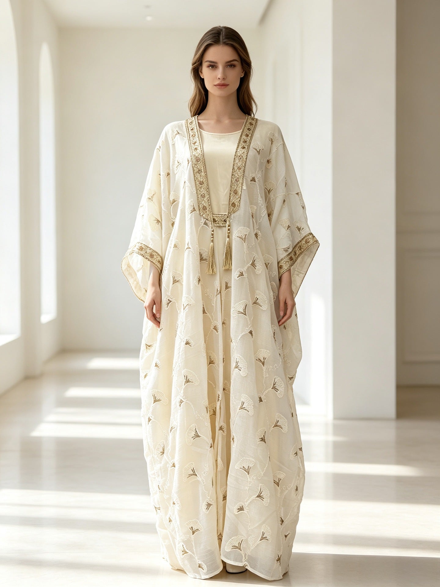 Off White Two-Piece Embroidered Cardigan Vest Set Gown Abaya Modest Long Maxi Dress for Muslim Women Eid Ramadan Kaftan