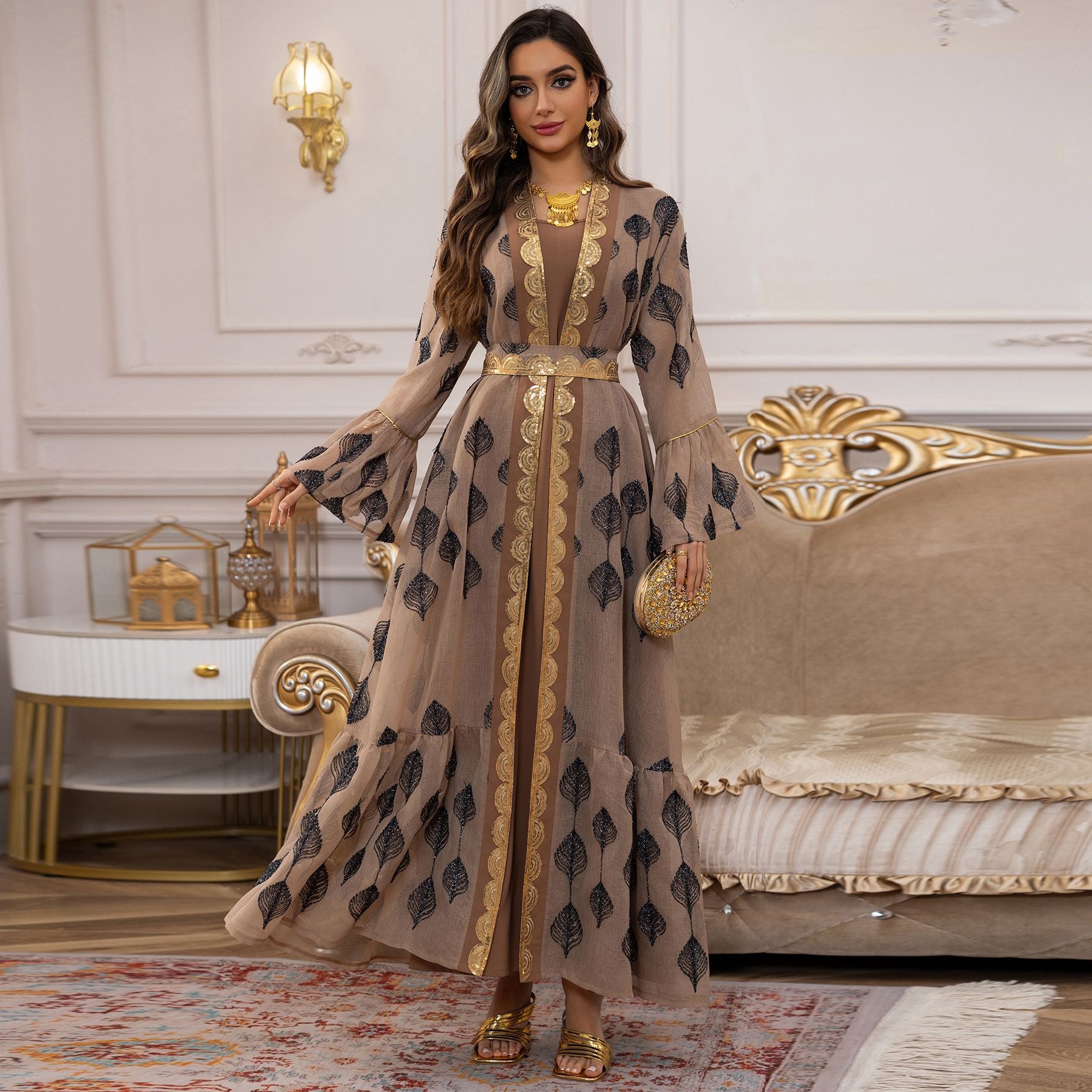 Khaki Embroidered Mesh Floral Pullover Maxi Dress Set with Vest