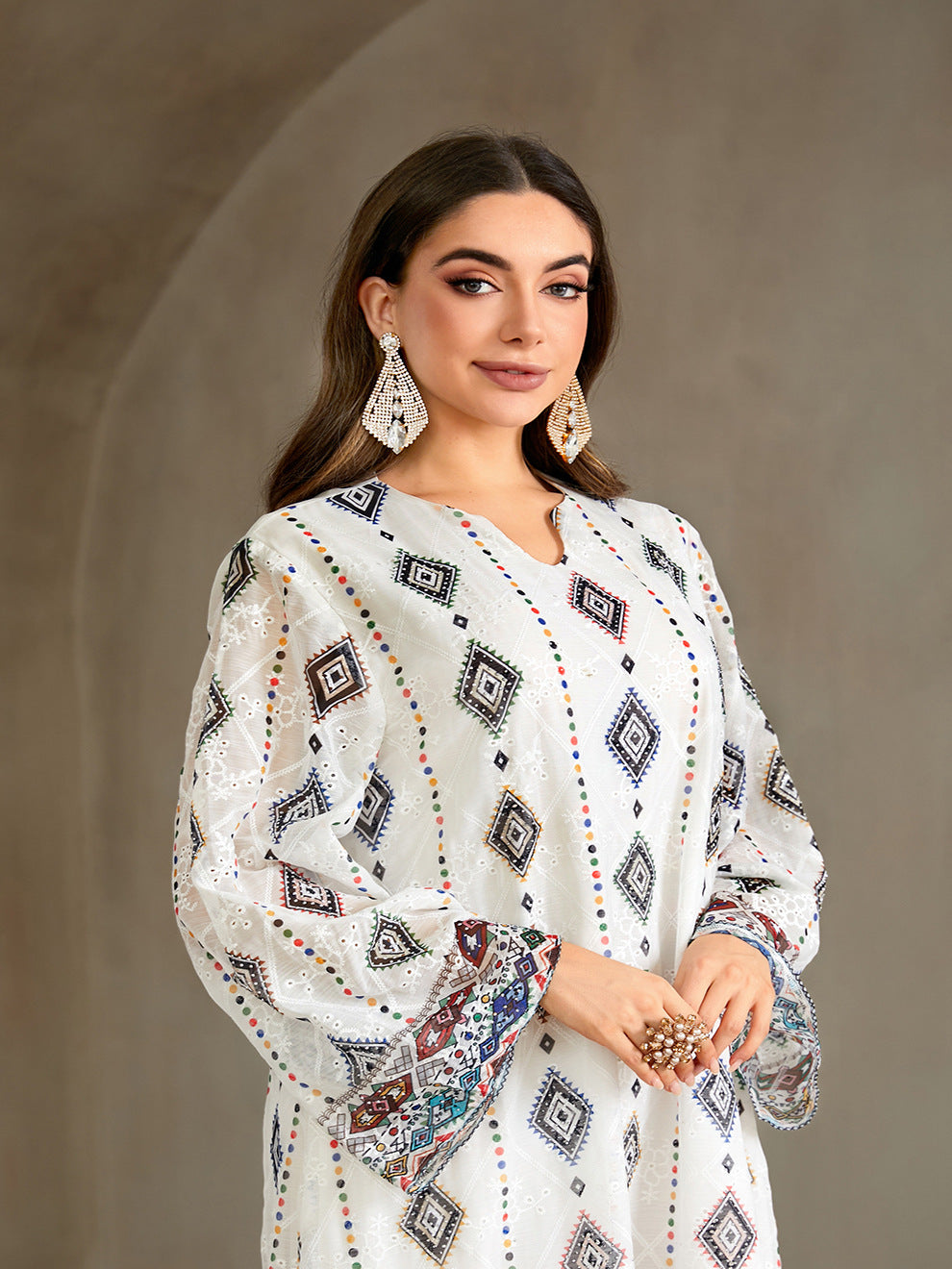 Embroidered Geometric Diamond Print V-Neck Gown Jalabiya Modest Loose Maxi Dress for Muslim Women Eid Ramadan S-XXL