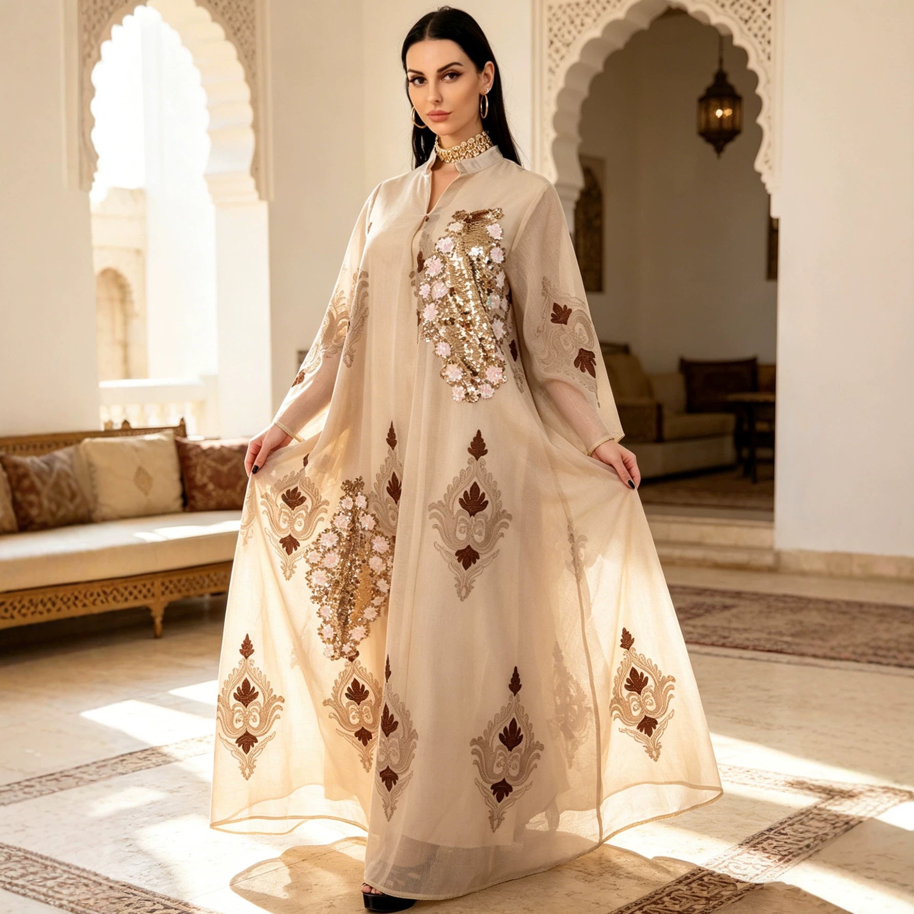 Sequin Leaf Embroidered Cardigan Abaya Dress Open Front Long Robe Modest Maxi Dress for Muslim Women Eid Ramadan S-XXL