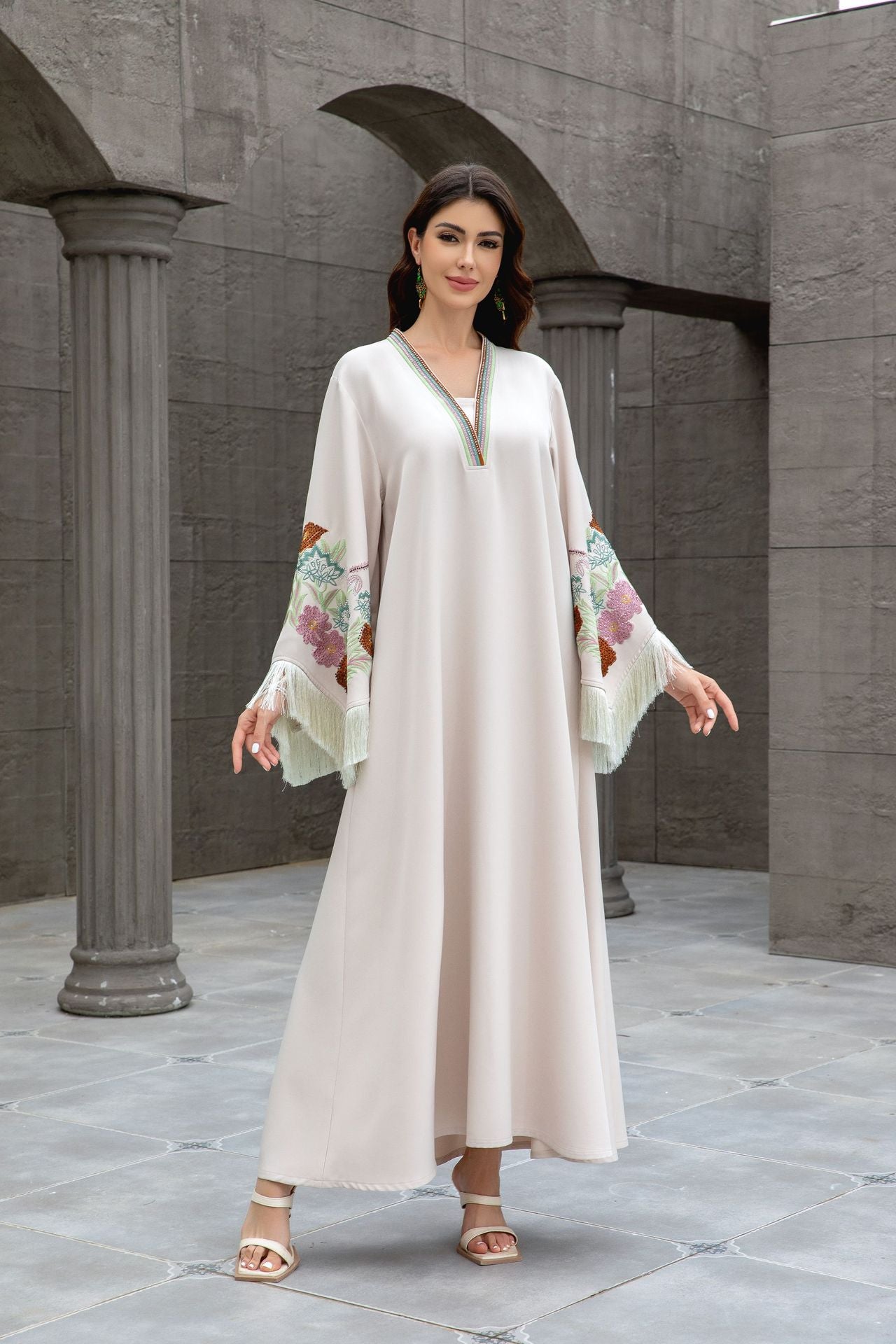 Dubai Islamic Modest Abaya Striped Collar Colorful Floral Embroidery Tassel Bell Sleeve Oversized Kaftan Gown For Muslim Ladies Daily Holiday