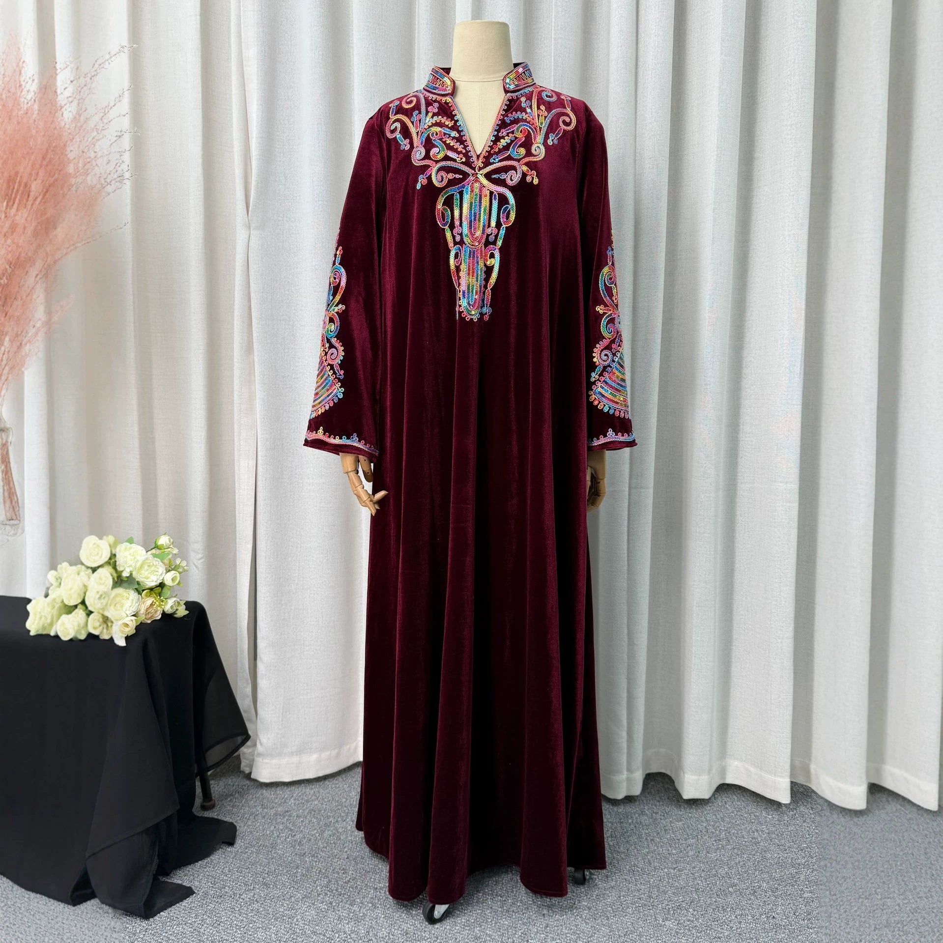 Navy and Wine Red Rhinestone Applique Stand Collar Maxi Abaya Dress Jalabiya Modest Long Dress for Muslim Women Eid Ramadan Formal S-XXL