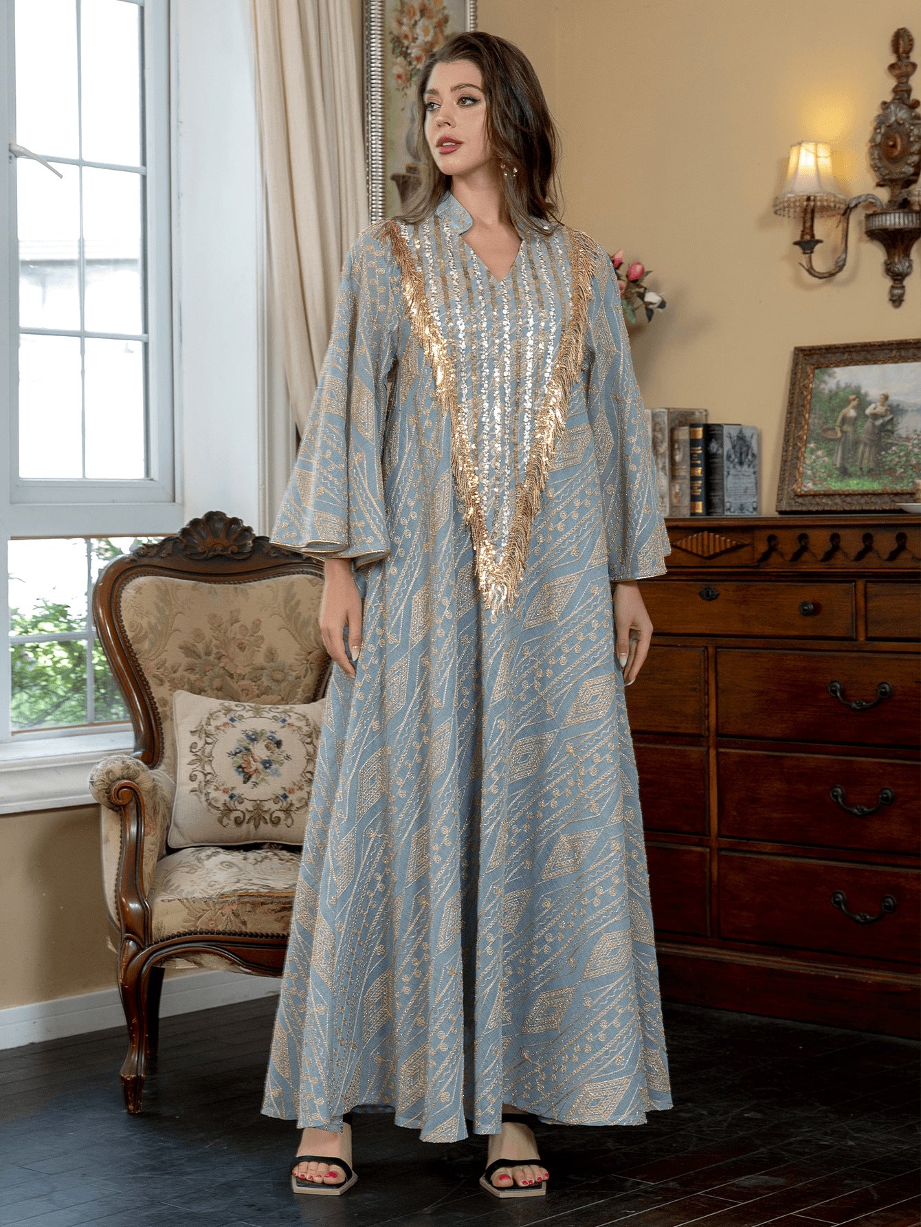 Gold Tassel Sequin Geometric Print Abaya For Women Stand Collar Bell Wide Sleeve Dubai Luxury Mesh Muslim Kaftan Modest Maxi Dress For Eid Ramadan Wedding Evening Party