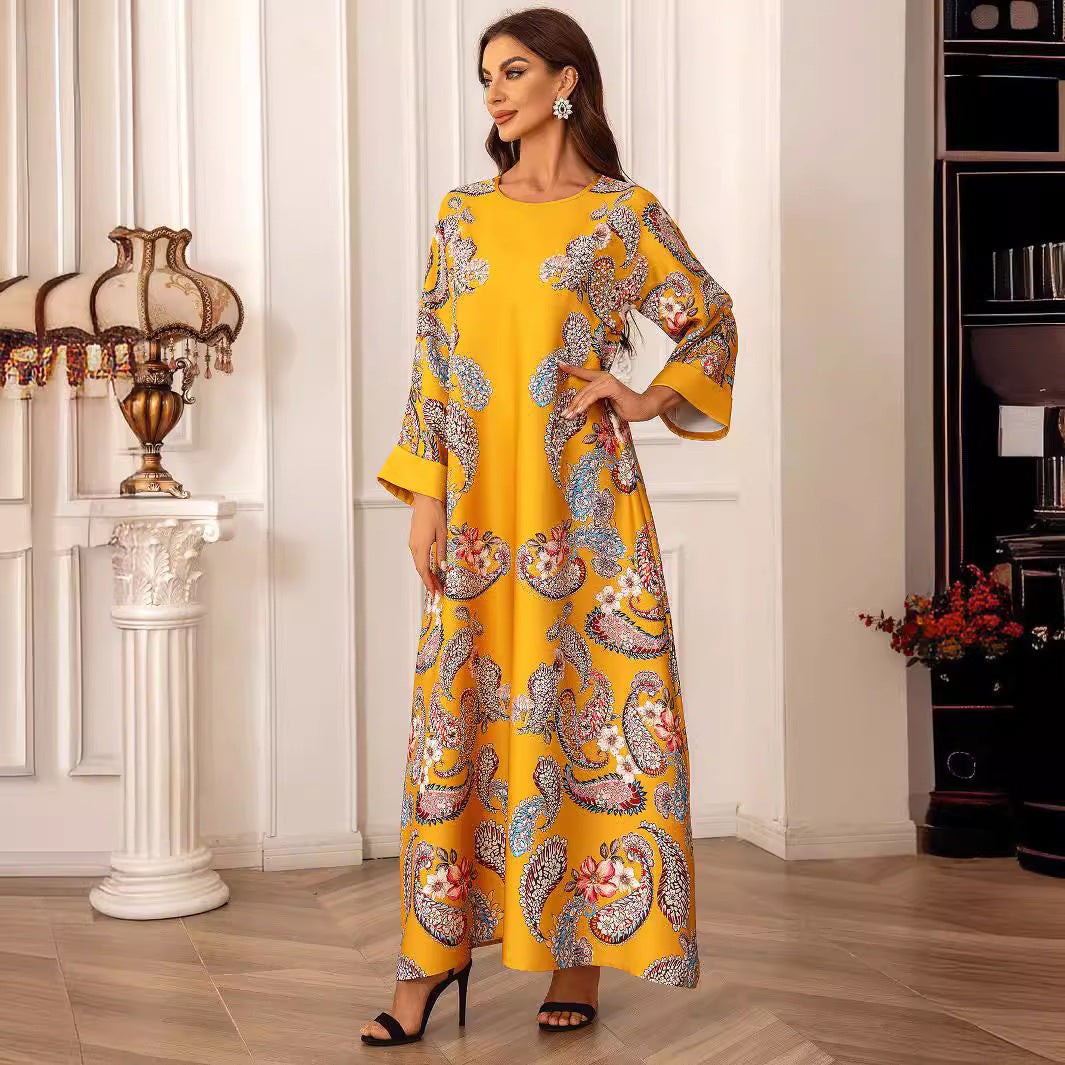 Yellow Floral Print Long Abaya - Plus Size Beaded African Robe