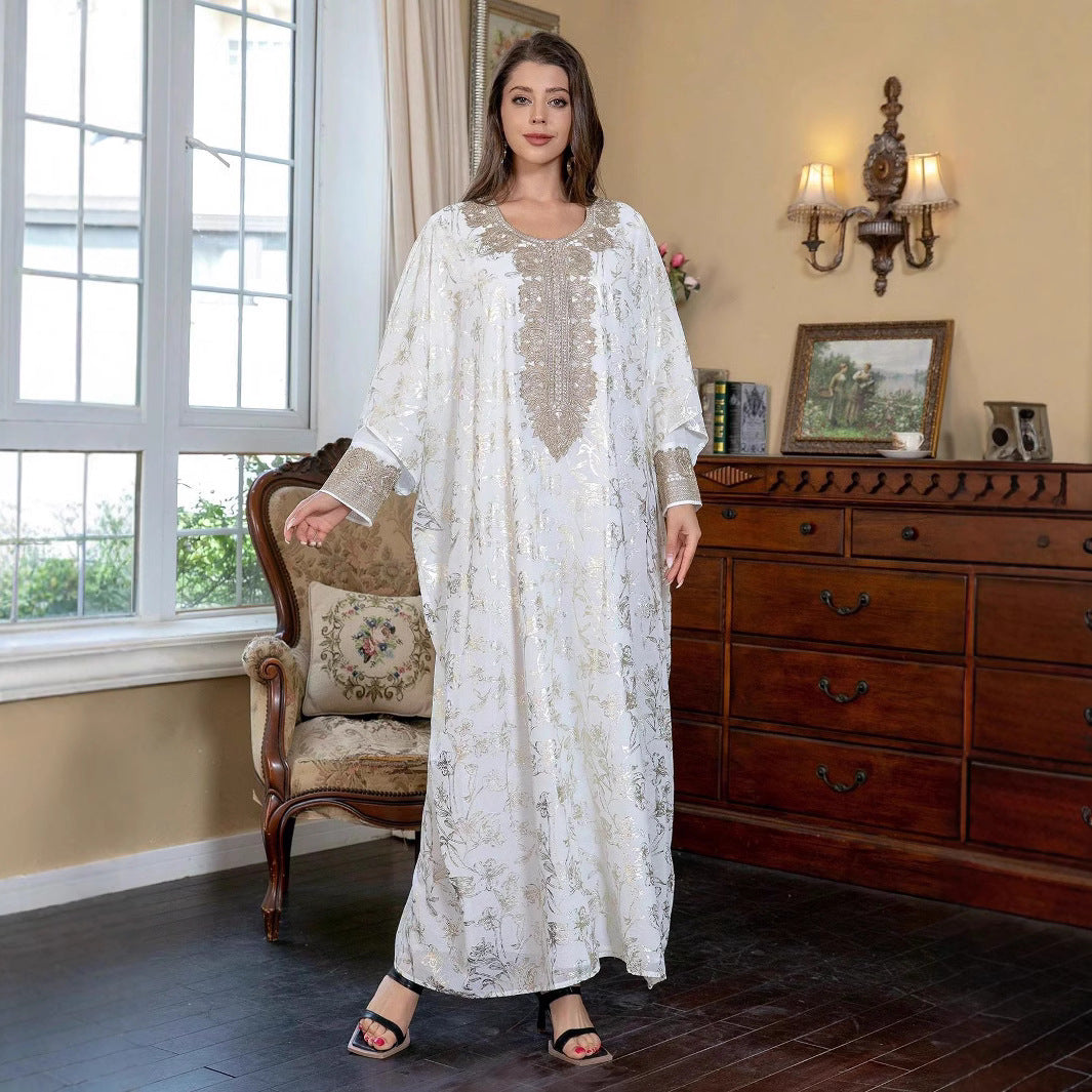 Gulf Ramadan Eid Modest Kaftan Dusty Lavender Sheer Fabric Gold Hot Stamp Floral Belted Long Abaya
