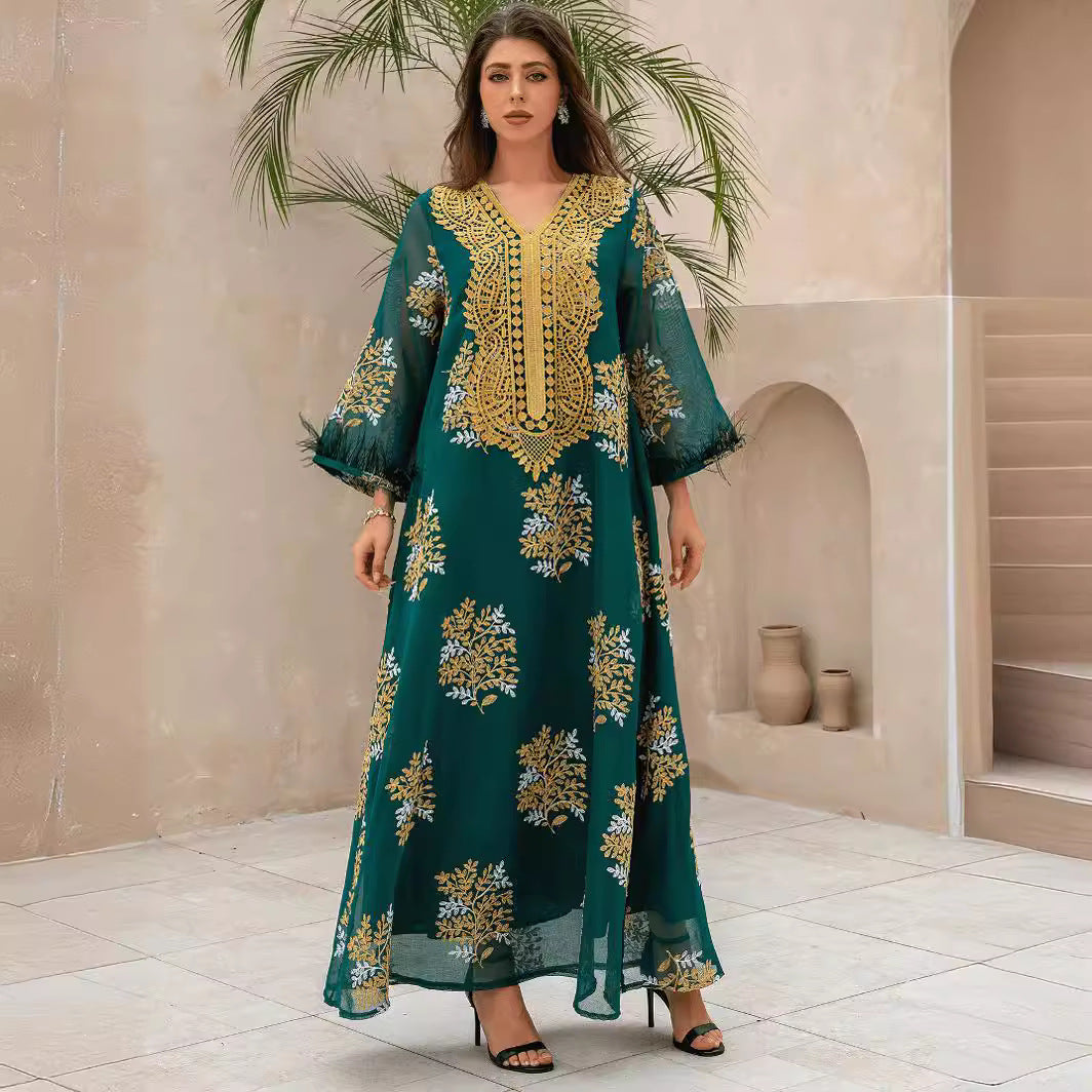 Luxury Dubai Wedding Abaya Turquoise Premium Arabian Craft Sheer Modest Gown Light Airflow Semi-Sheer Textile All Over Delicate Pale Gold Thread Embroidery Classic V-Neckline Loose Full-Length Silhouette Voluminous Bell Sleeves Pan-Arab Ladies Eid At