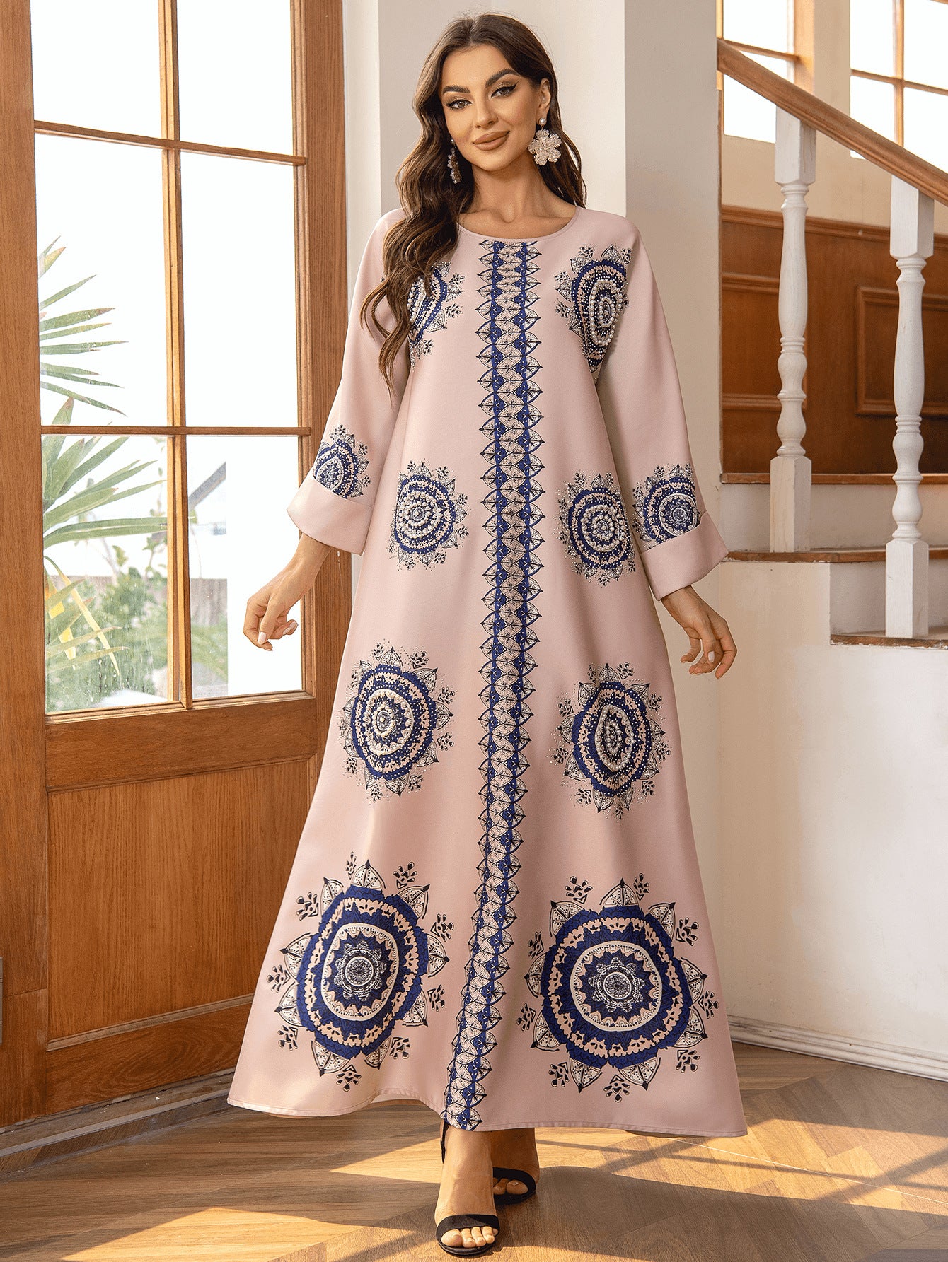Pink Bohemian Beaded Abaya - Printed Round Neck Modest Long Robe