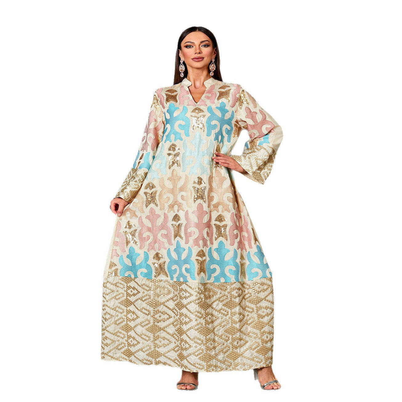 Apricot Sequin Embroidered Patchwork Beaded Long Jalabiya Modest Maxi Dress for Muslim Women Eid Ramadan Robe Gown with Lace Trim
