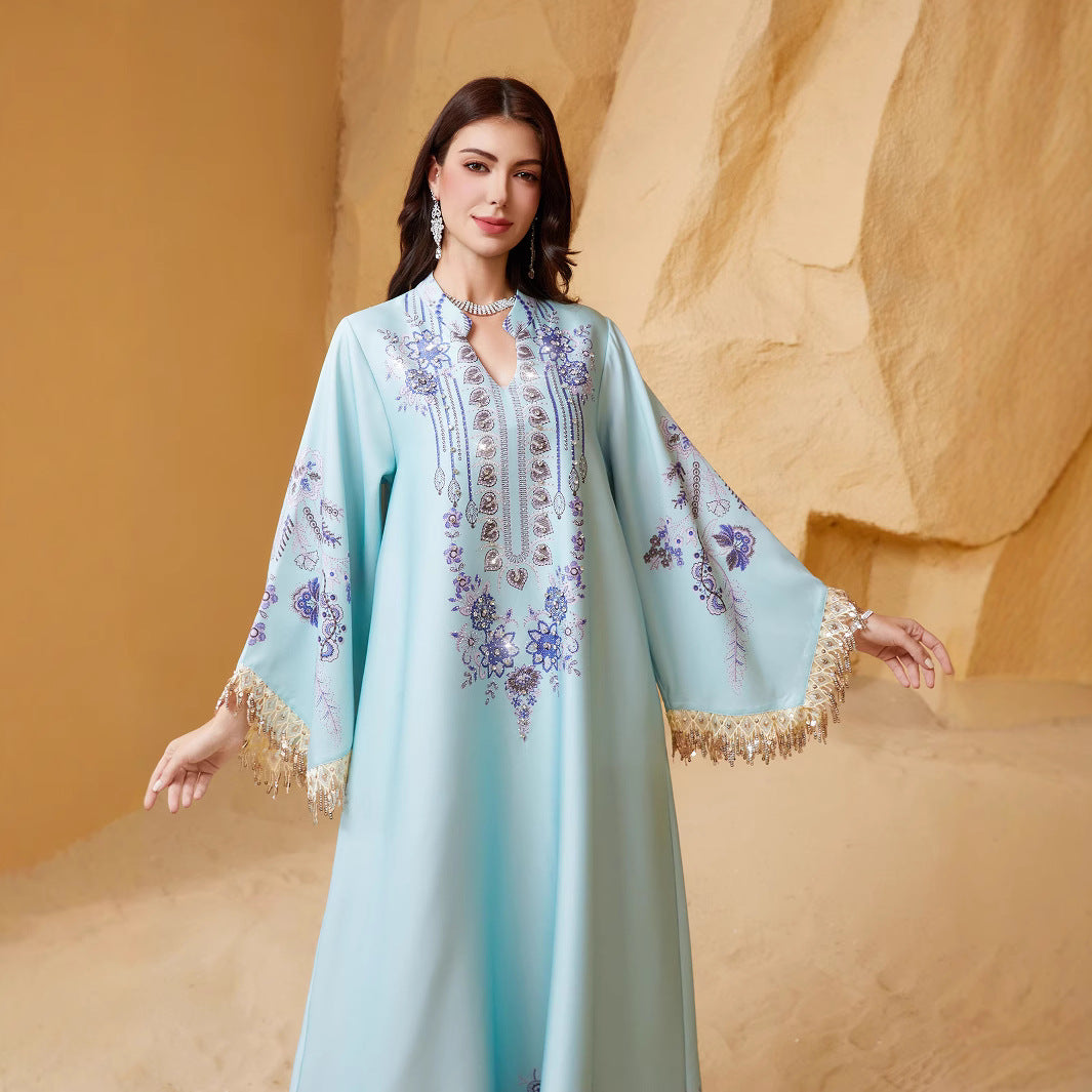 Serene Sky Blue Tassel Embroidered Maxi Abaya Modest Eid Ramadan