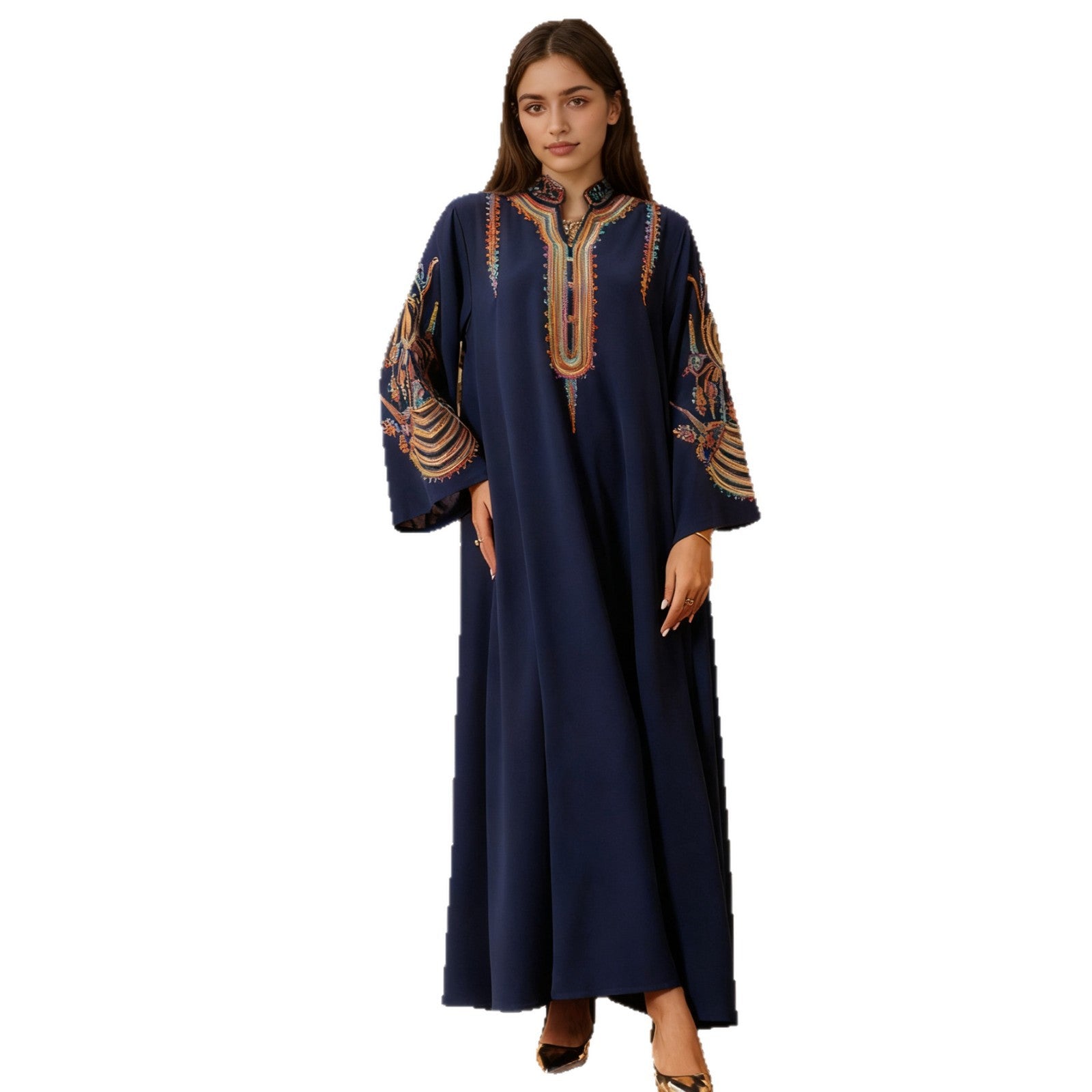 V-Neck Embroidered Abaya Dress Jalabiya Modest Long Maxi Dress for Muslim Women Eid Ramadan Daily Wear S-XXL