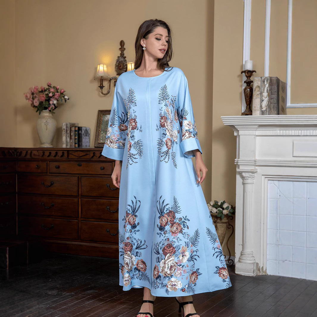Sky Blue Rhinestone Beaded Round Neck Floral Maxi Dress - Modest