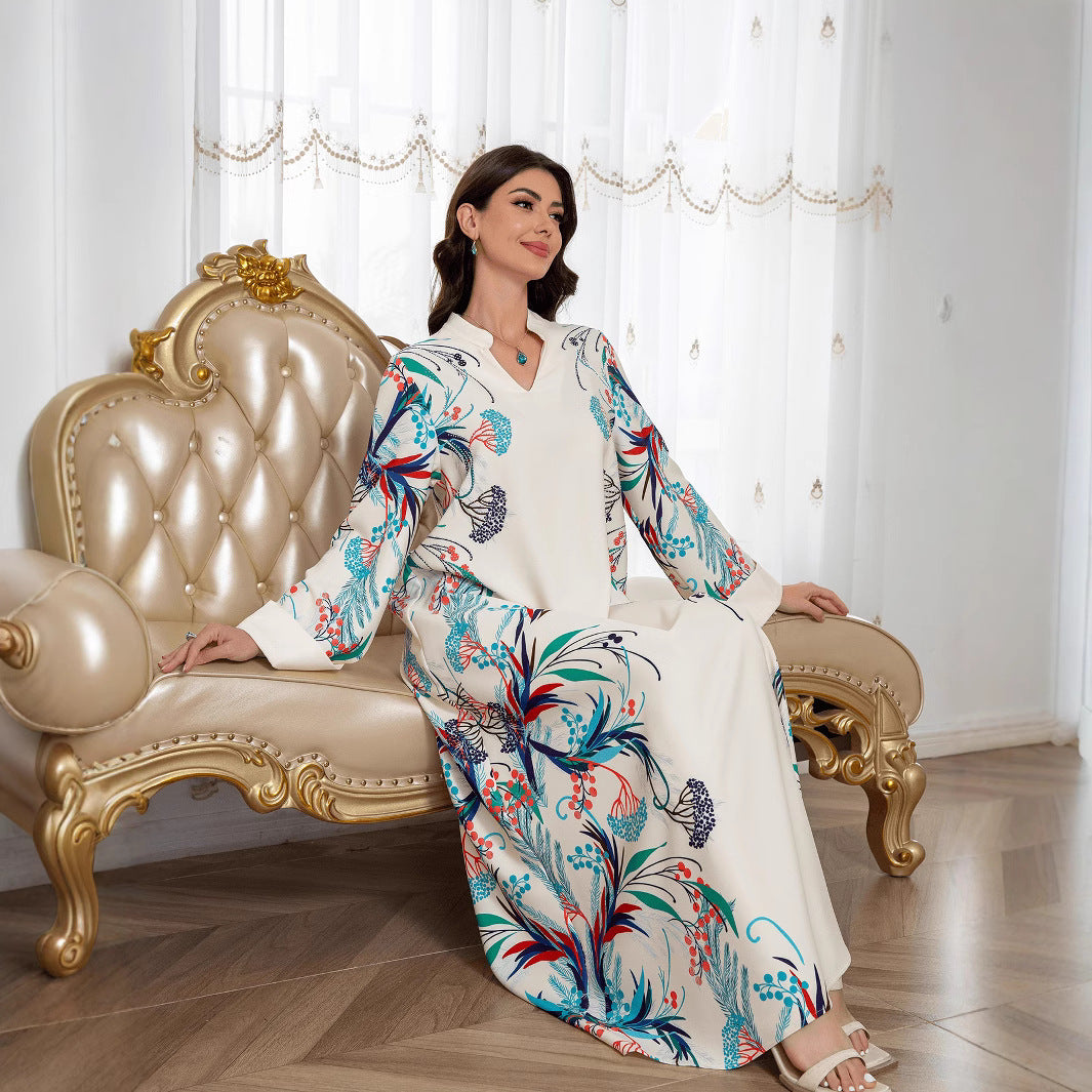 Refined Apricot Floral Print Kaftan – Bohemian Muslim Maxi Dress
