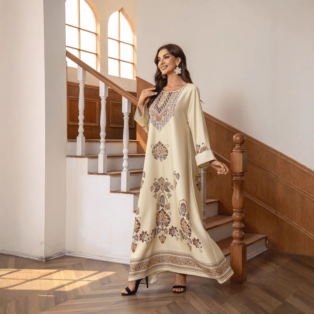 Elegant Khaki Brown & Nude Two-Tone Printed Round Neck A-Line Kaftan Abaya with Rhinestone Beaded Jalabiya Modest Maxi Dress for Muslim Women Eid Ramadan Daily Wear Loose Floor Length Long Robe S-XXL