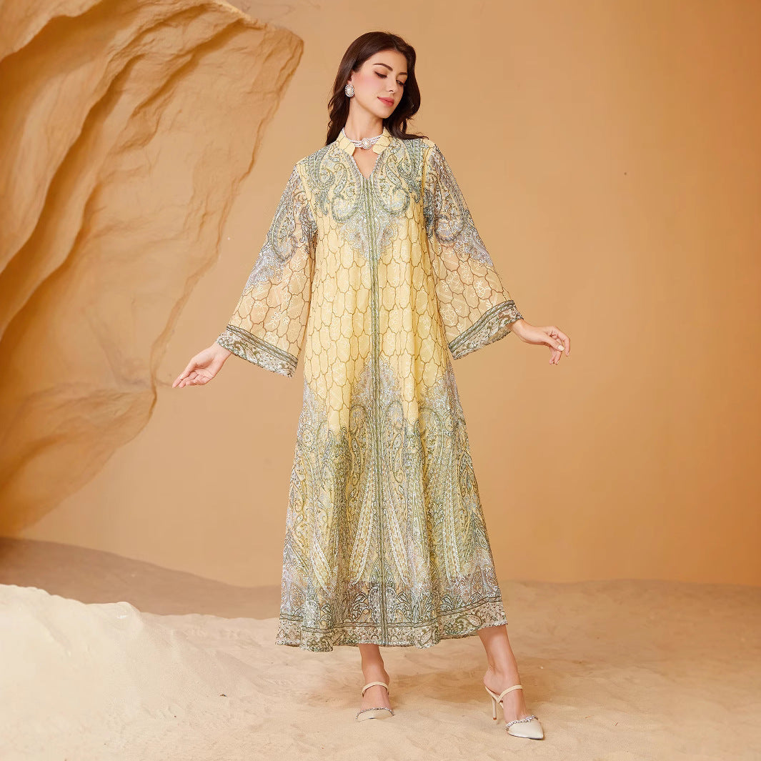 Sunlit Yellow Rhinestone Embroidered Abaya – Modest Muslim Maxi