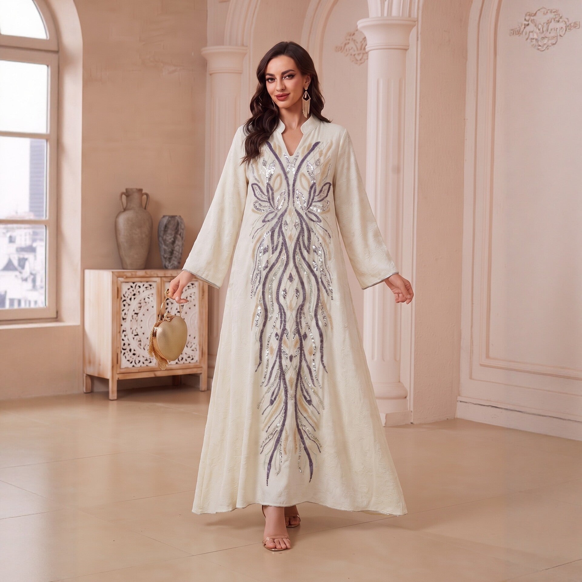 Multi-Color V-Neck Beaded Embroidered Jacquard Maxi Abaya Dress