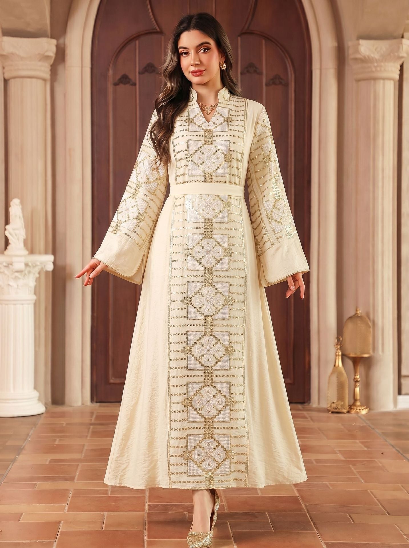 Gold Thread Sequin Embroidered Luxury Gown Jalabiya Modest Long Maxi Evening Dress for Muslim Women Eid Ramadan S-XXL