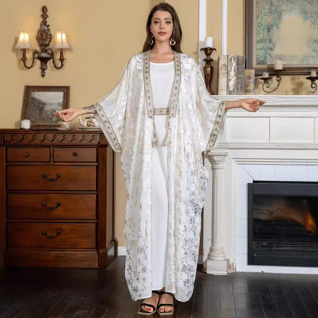Ivory White Gold Foil Floral Premium Pan-Arab Craft Open Front Modest Two Piece Outfit Glossy Satin Jacquard Single Layer Outer Kaftan Solid White Slip Maxi Dress All Over Delicate Metallic Gold Silver Botanical Jacquard Print Wide Batwing Kimono Fla