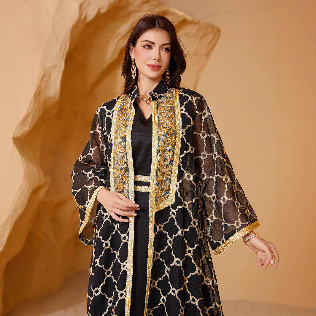 Women 2 Piece Black Gold Geometric Lattice Jacquard Sheer Lapel Collar Gold Floral Embroidery Open Kimono Outer Robe Belted Solid Black Inner Maxi Dress Gulf Luxury Layering Dubai Abaya Set For Eid Al Fitr Ramadan Nikkah Wedding Banquet