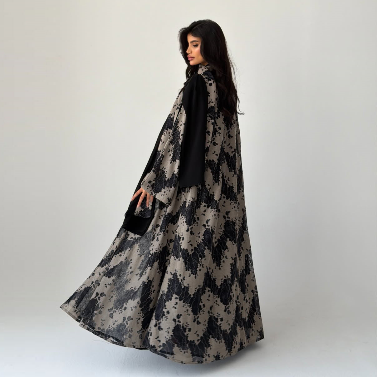 Black Lace Embellished Maxi Abaya with Hijab Two-Piece Set - Plus Size