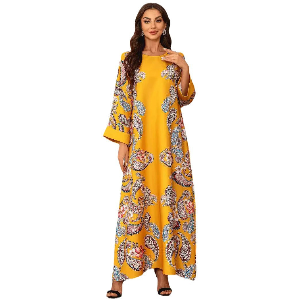 Yellow Floral Print Long Abaya - Plus Size Beaded African Robe