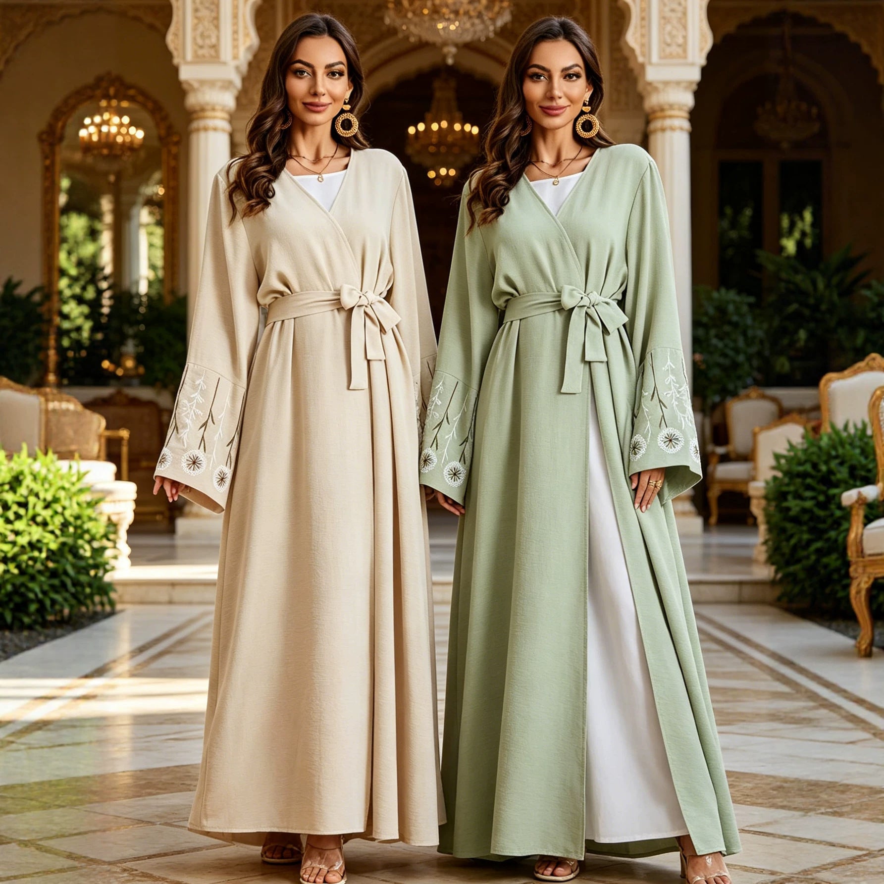 Elegant Belted Embroidered Open Cardigan Modest Maxi Dress with Hijab Muslim Women Abaya Jalabiya Kaftan Set for Ramadan