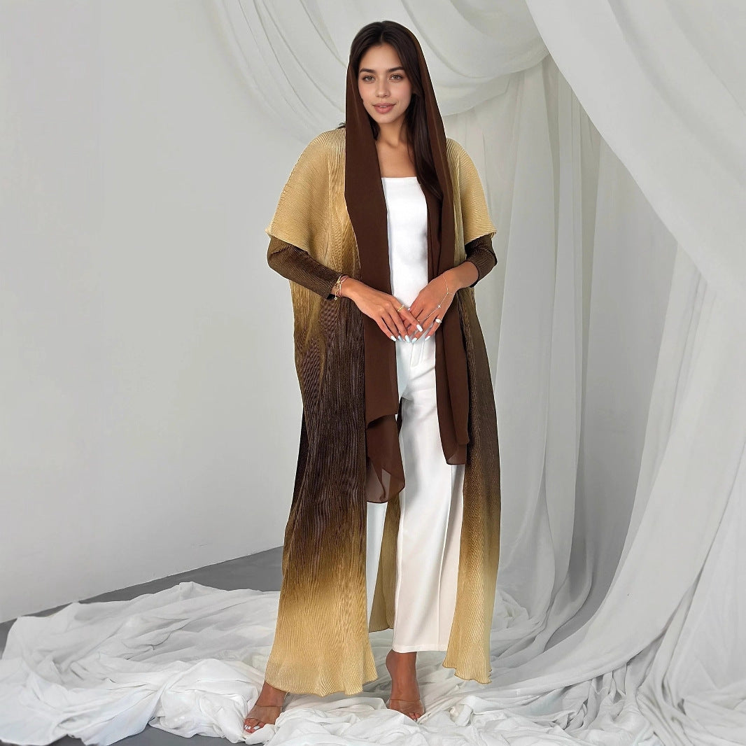 Gradient Print Pleated Open Front Abaya Cardigan Modest Long Maxi Dress for Muslim Women Eid Ramadan Casual S-XXL