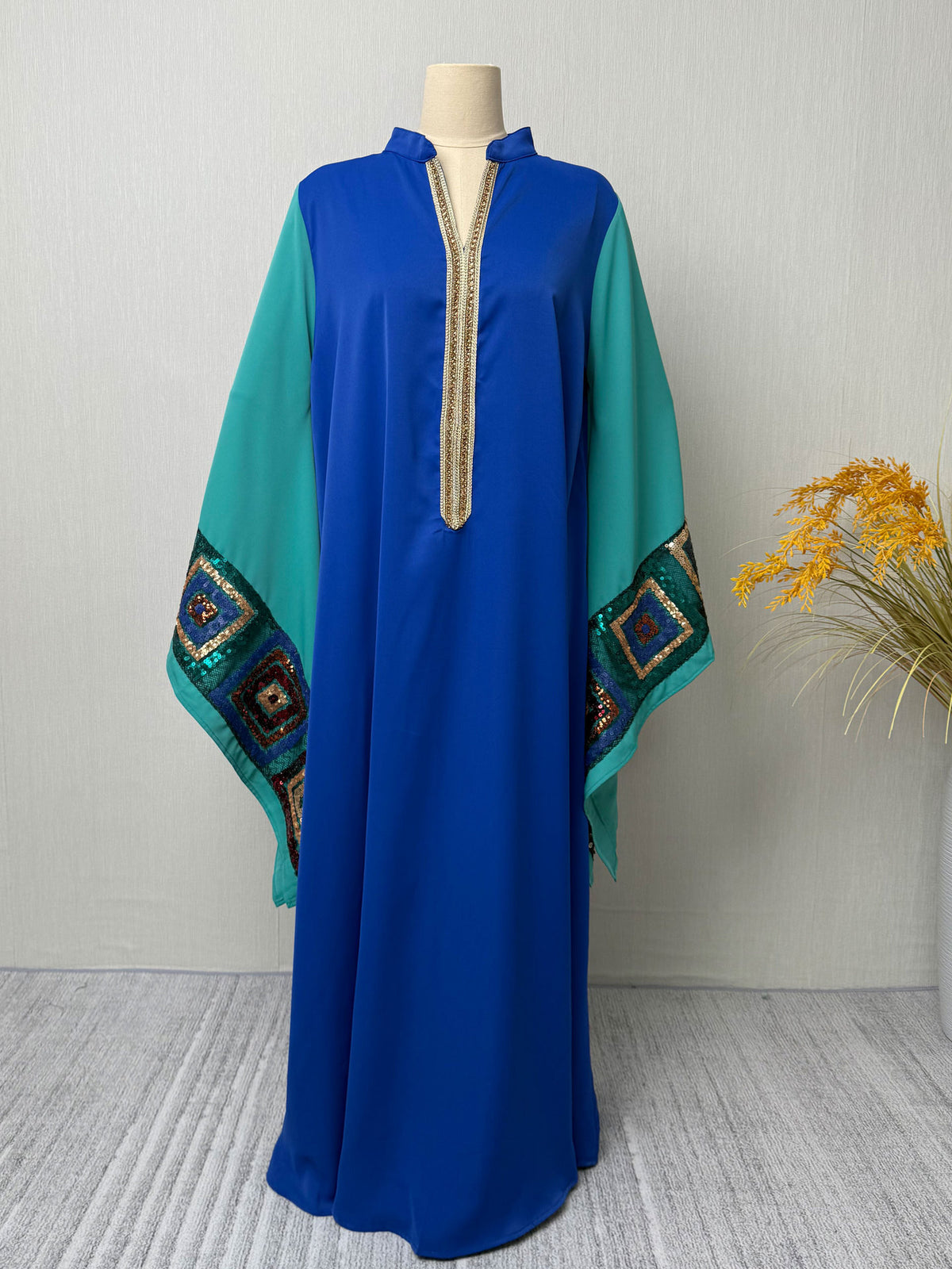 Blue Color Block Sequin Embroidered Stand Collar Gown Long Maxi Dress Modest Muslim Banquet