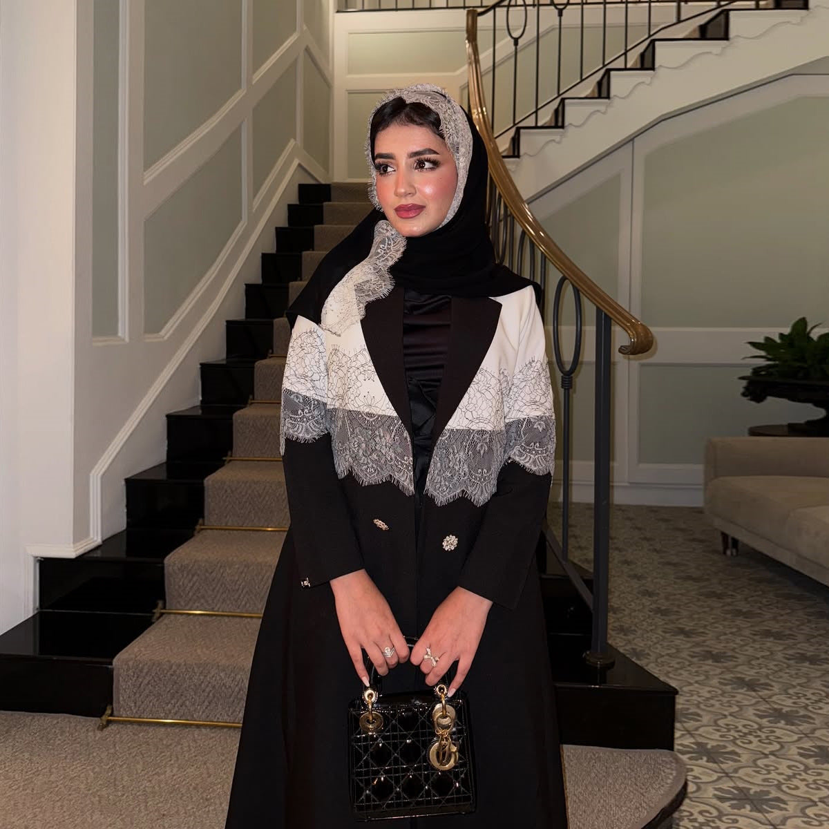 Black Lace Patchwork Long Open Abaya with Hijab Set