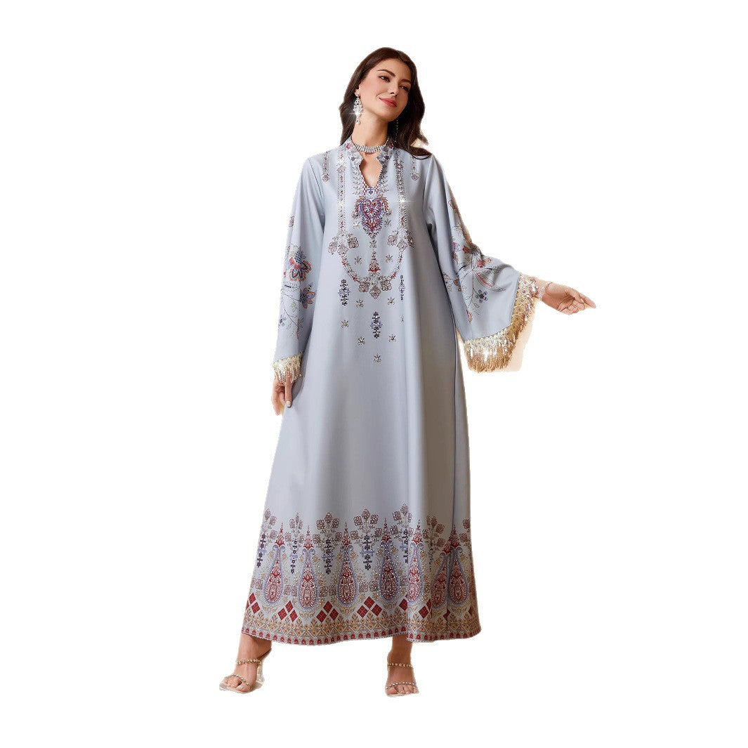 Refined Silver Grey V-Neck Tassel Evening Gown Maxi Abaya Ramadan