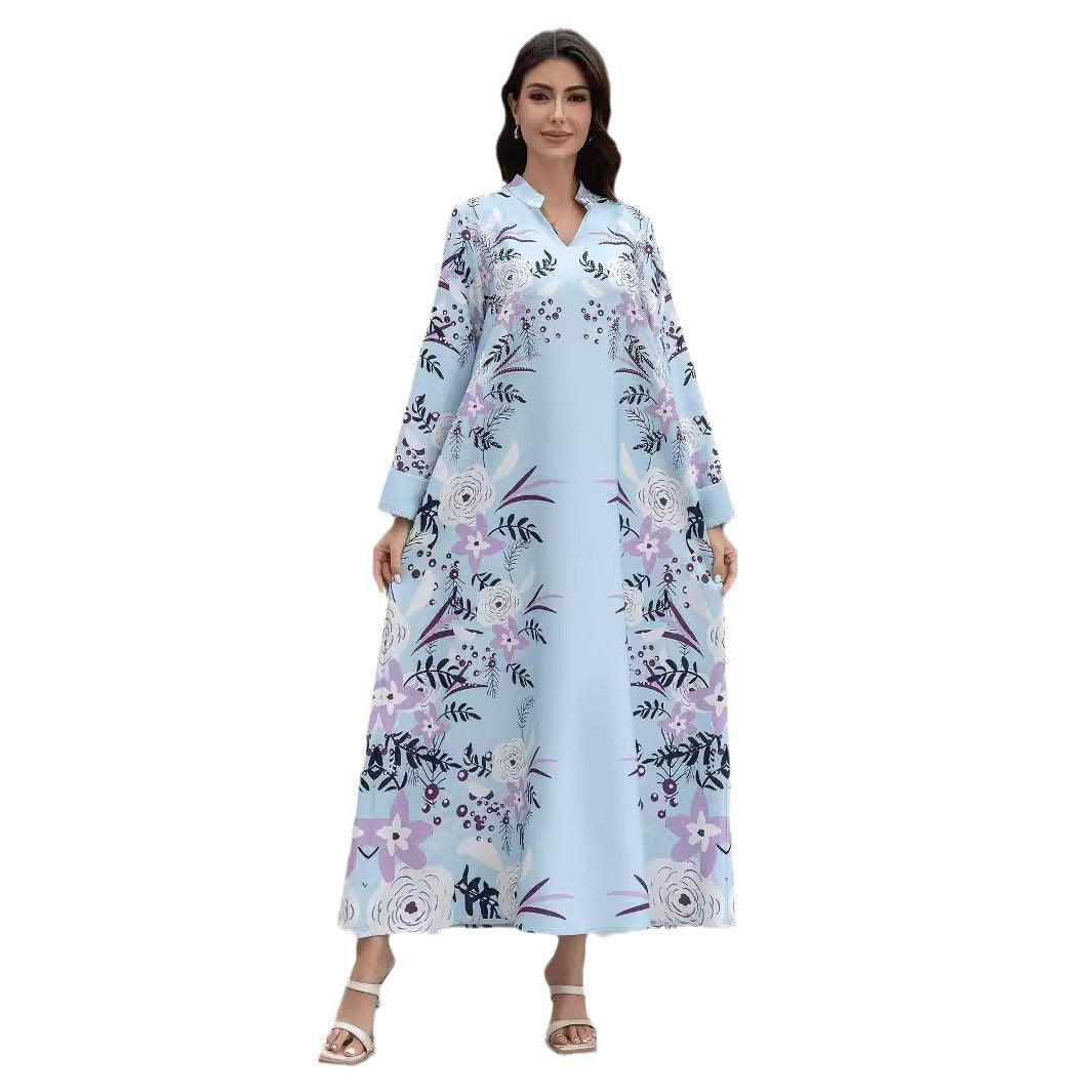 Light Blue Floral Print Modest Jalabiya Abaya Dress - Plus Size Maxi