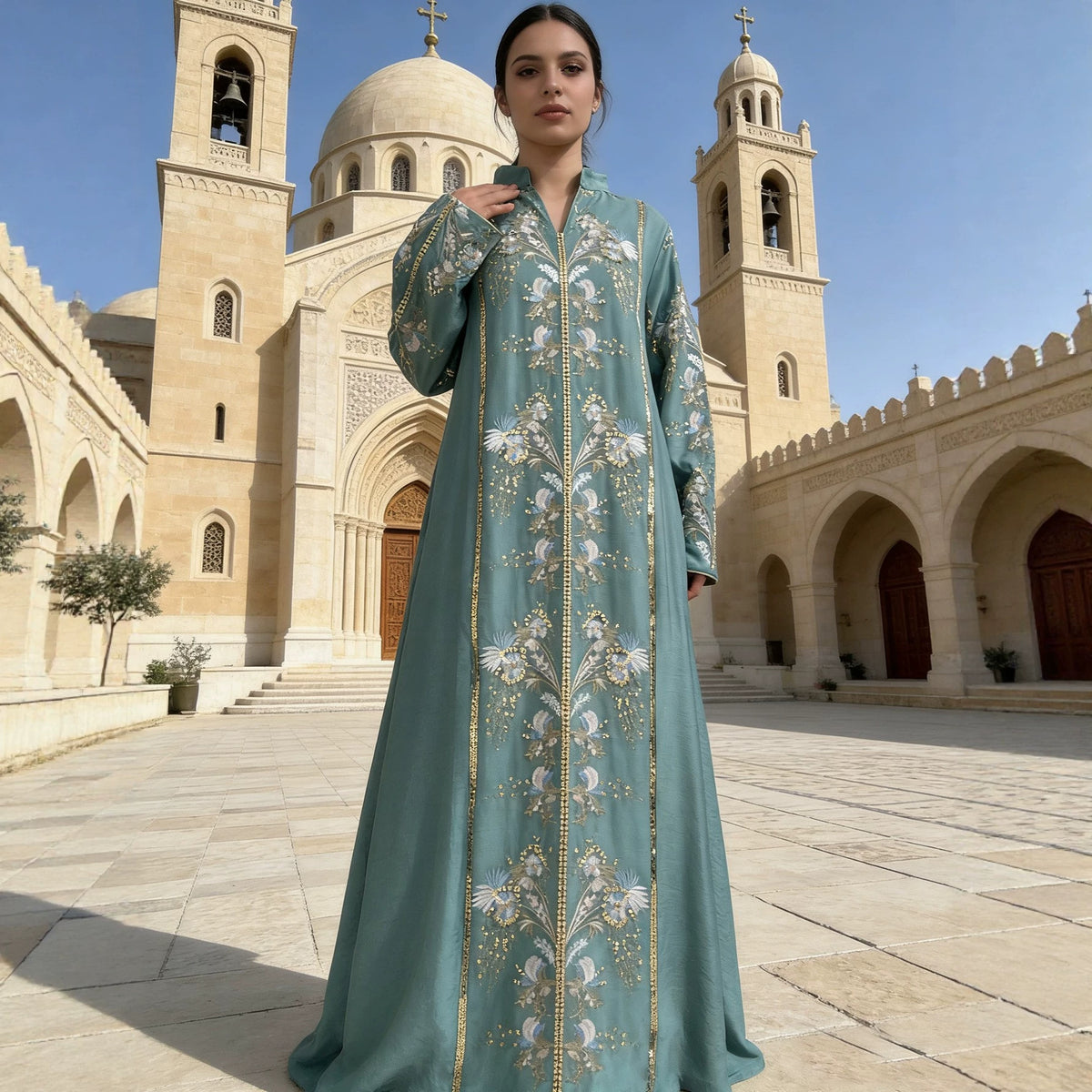 Vintage V-Neck Floral Embroidered Rayon Abaya Maxi Kaftan Dress for Muslim Women Elegant Ramadan Eid Celebration Gown - 251