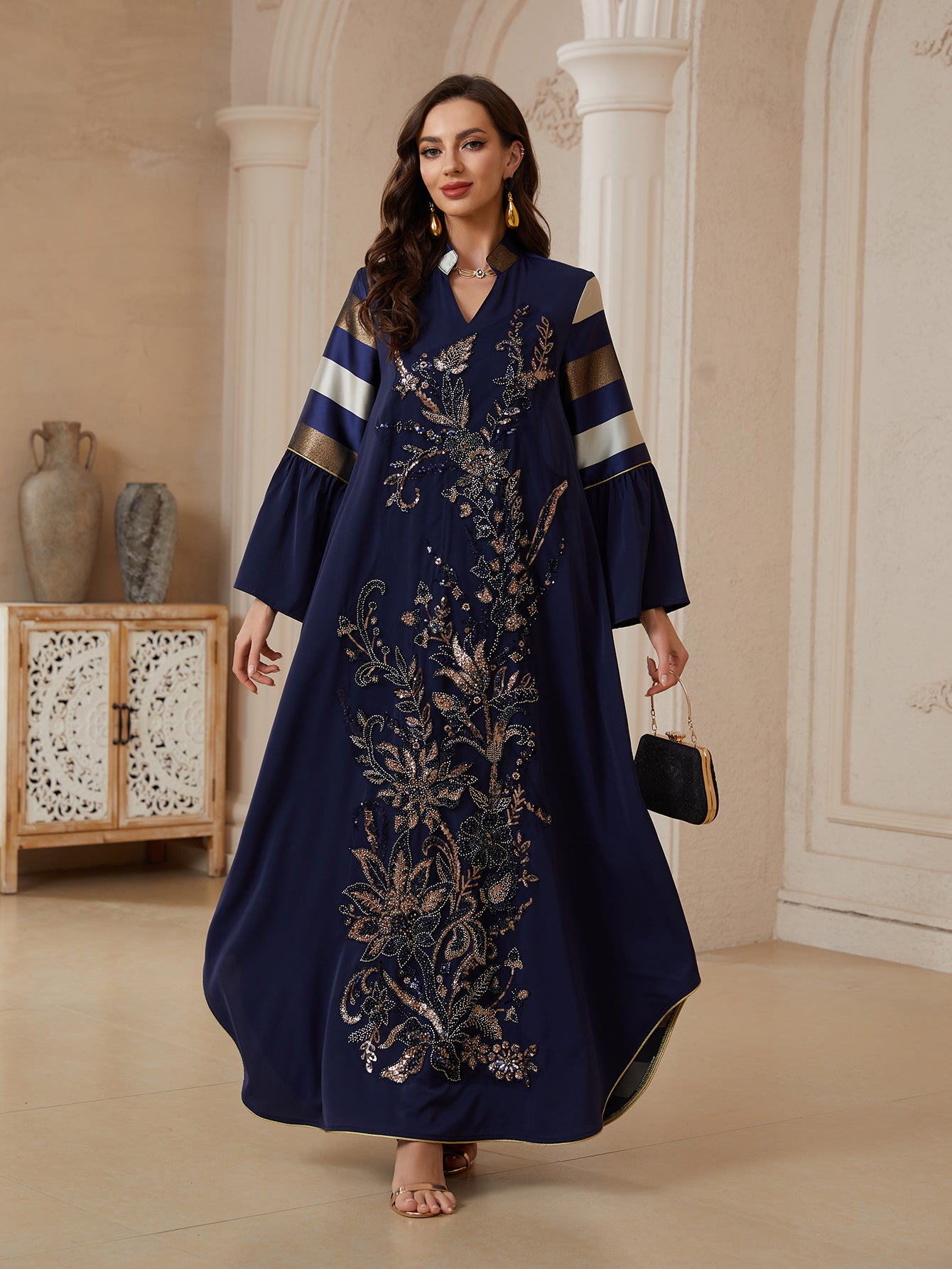 Women's 2026 New Loose Striped Dress with Heavy Sequin Splicing Design