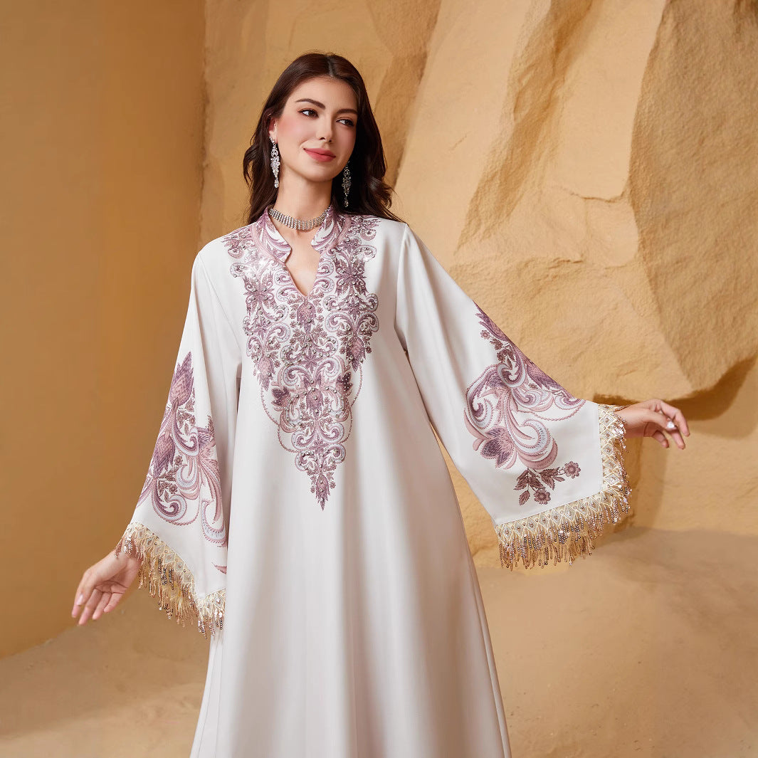 Charming Pink Rhinestone Beaded Kaftan Gown Maxi Abaya Eid Ramadan