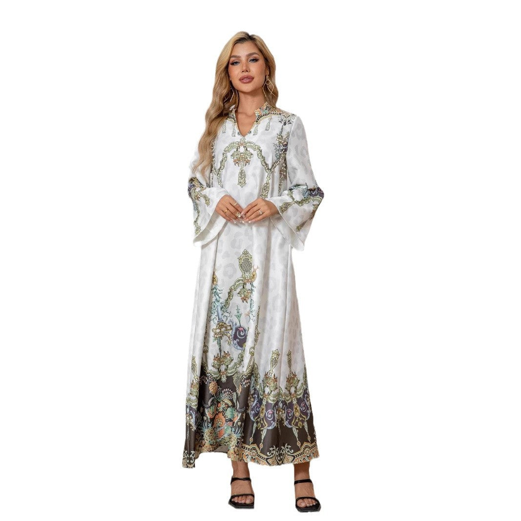 White Printed Beaded Maxi Dress - Modest Muslim Gown for Women